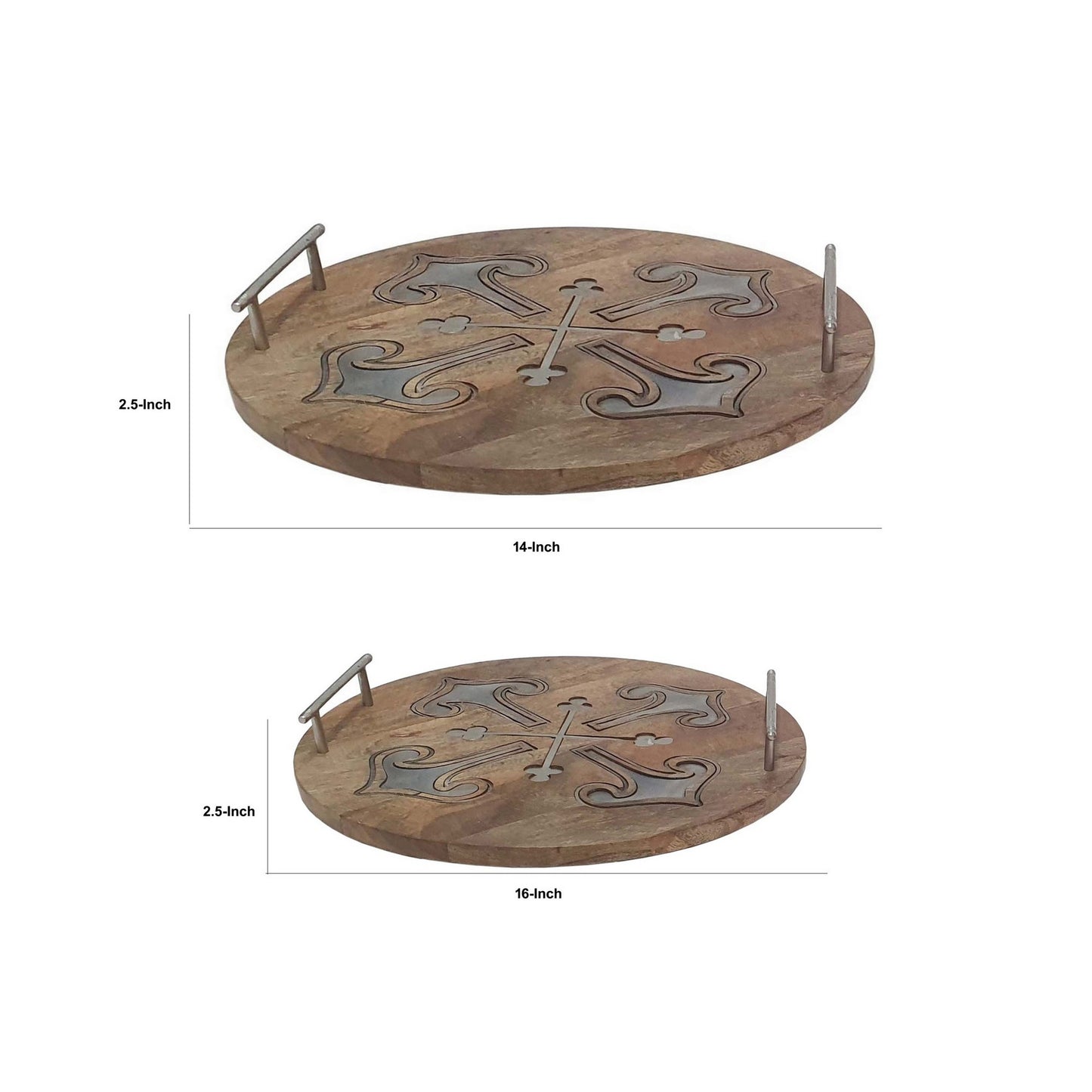 16 14 Inch Decorative Trays Artistic Design Brown Mango Wood Set Of 2