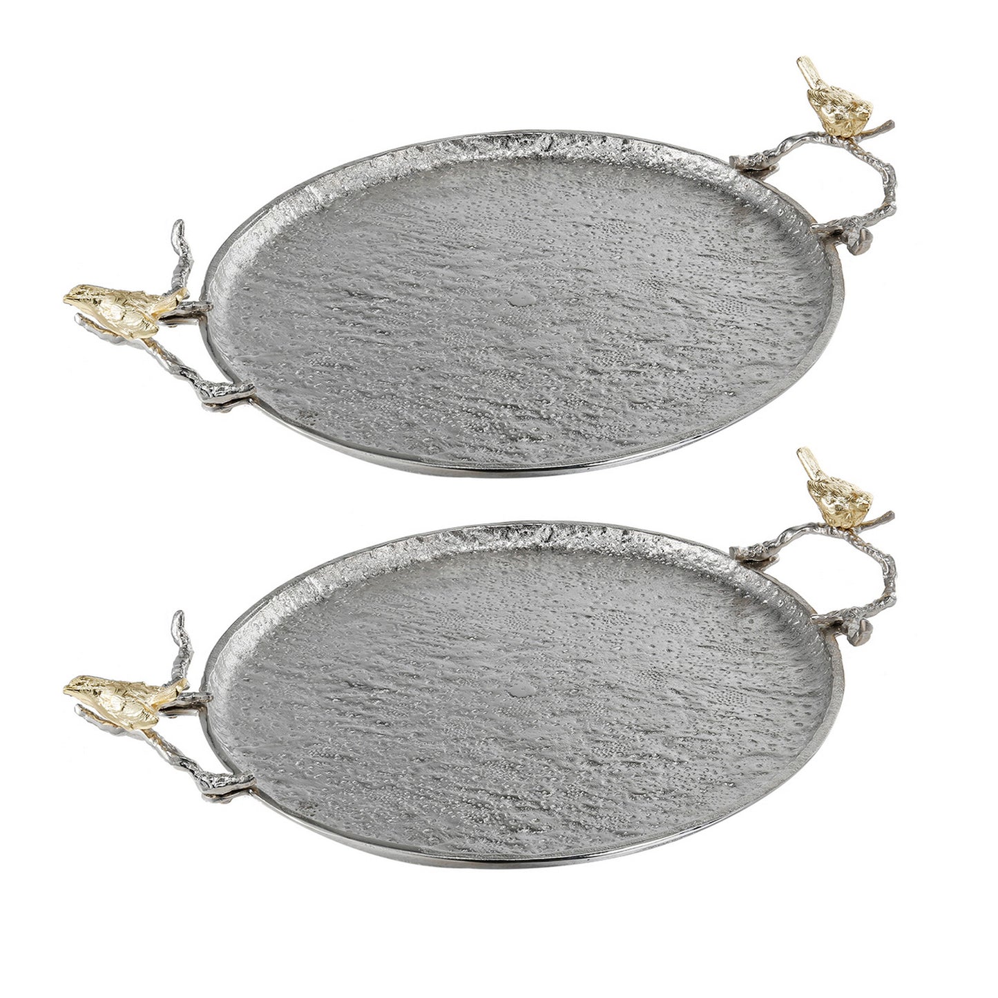 21 Inch Decorative Tray Perched Birds Silver Metal Large Set Of 2
