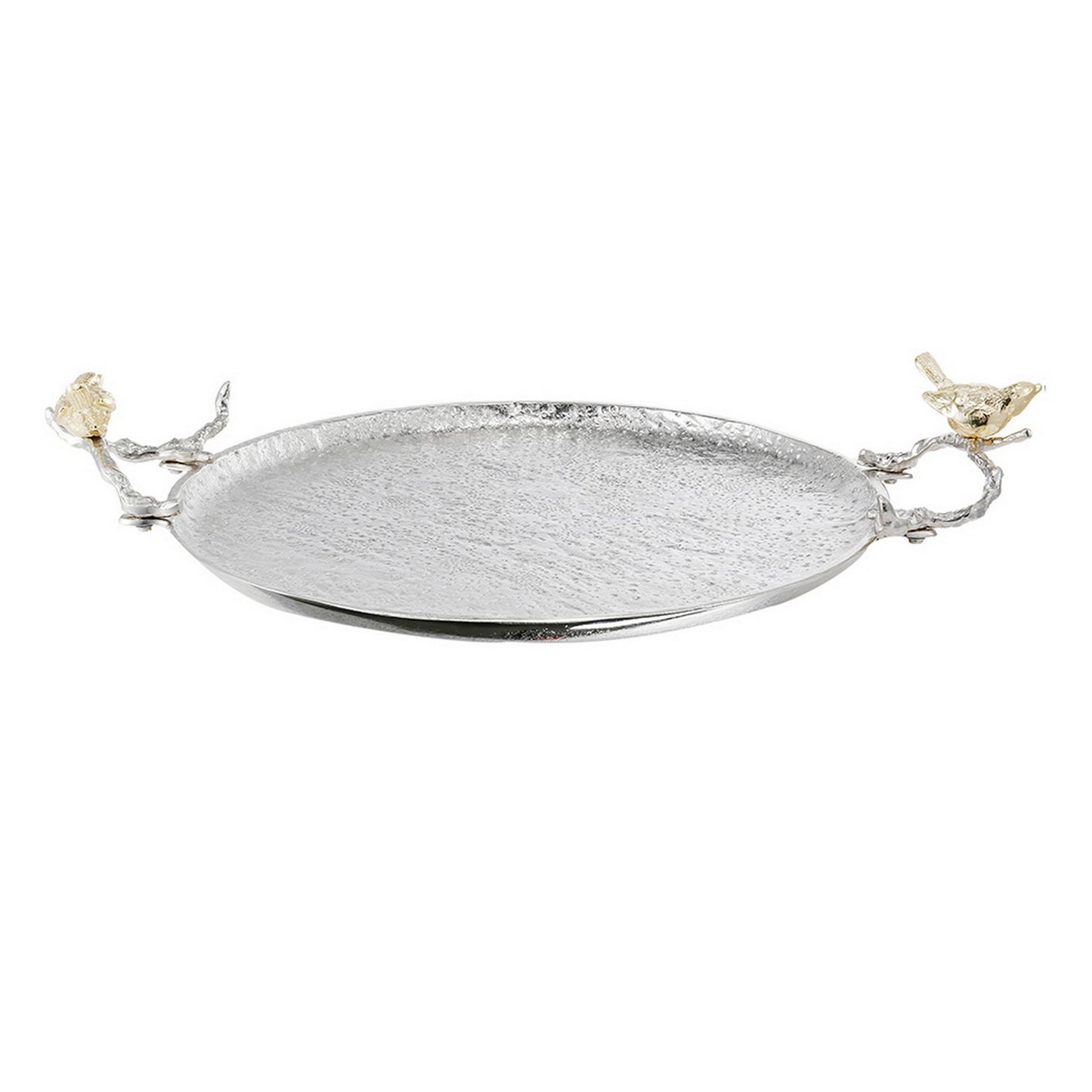 21 Inch Decorative Tray Perched Birds Silver Metal Large Set Of 2