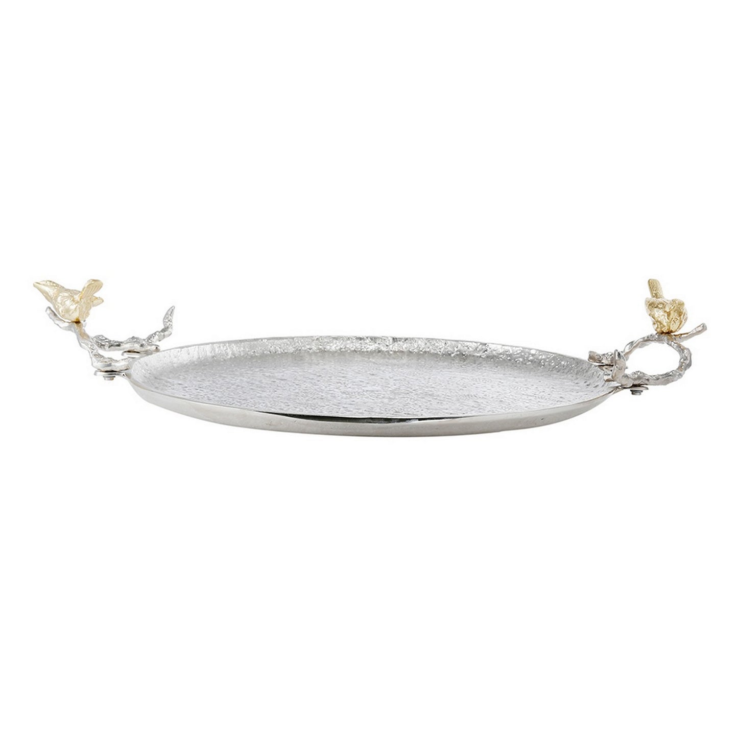 21 Inch Decorative Tray Perched Birds Silver Metal Large Set Of 2