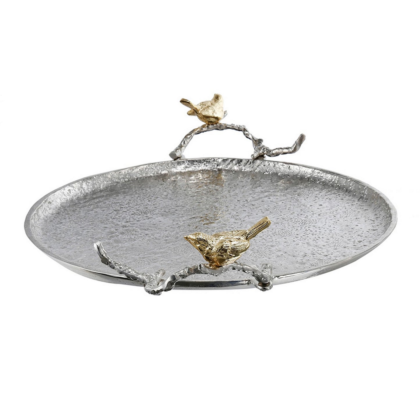 21 Inch Decorative Tray Perched Birds Silver Metal Large Set Of 2