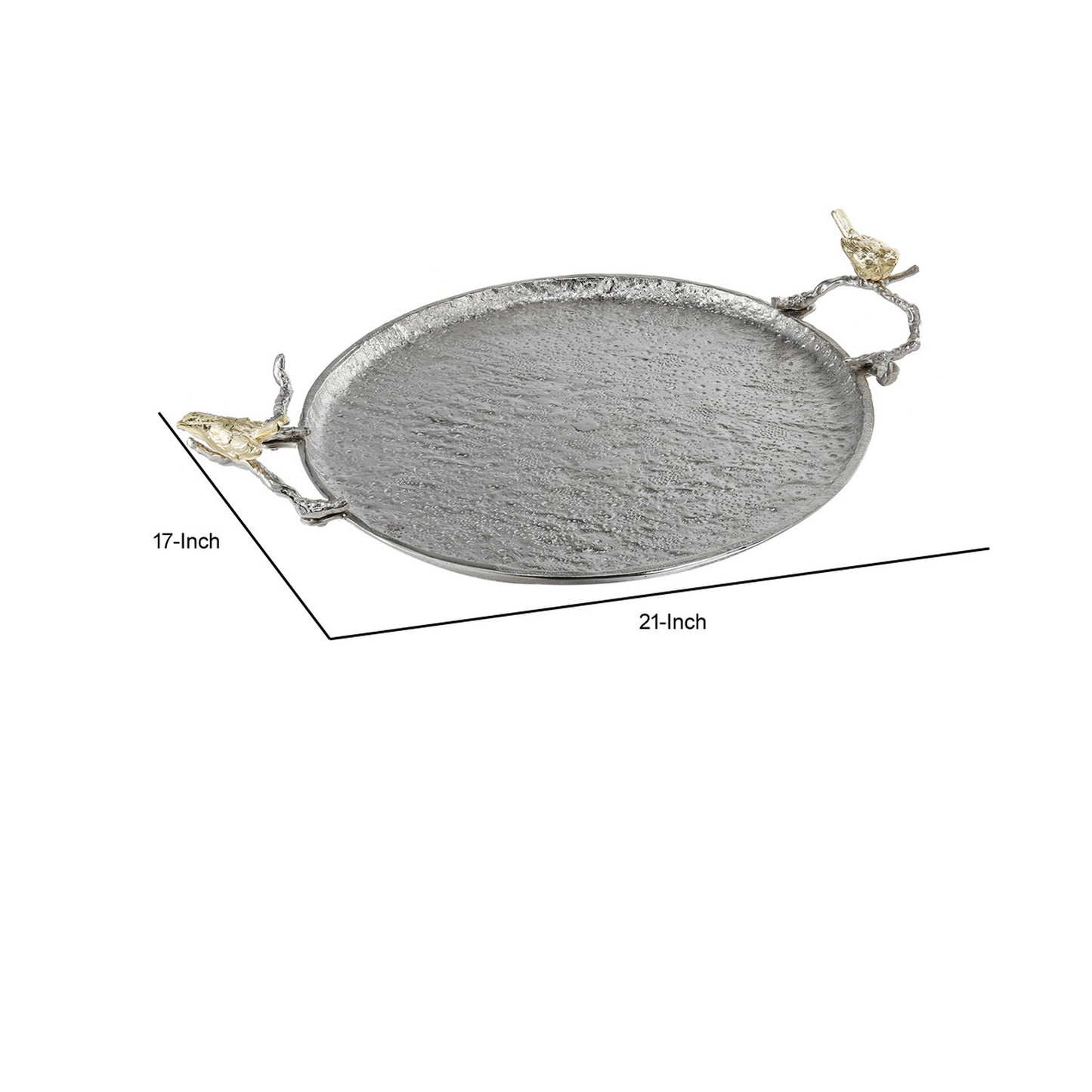 21 Inch Decorative Tray Perched Birds Silver Metal Large Set Of 2
