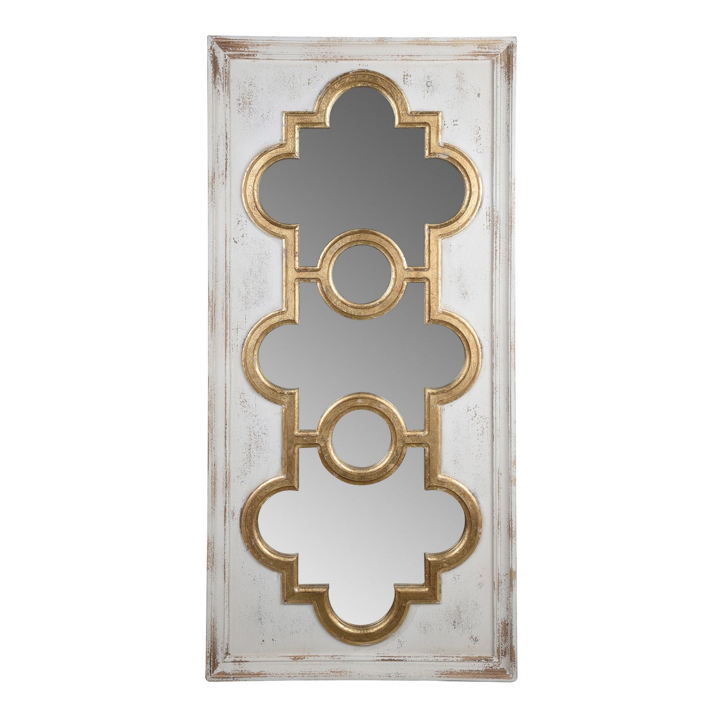 58 Inch Decorative Accent Mirror Gold Ornate Trim Over White Fir Wood