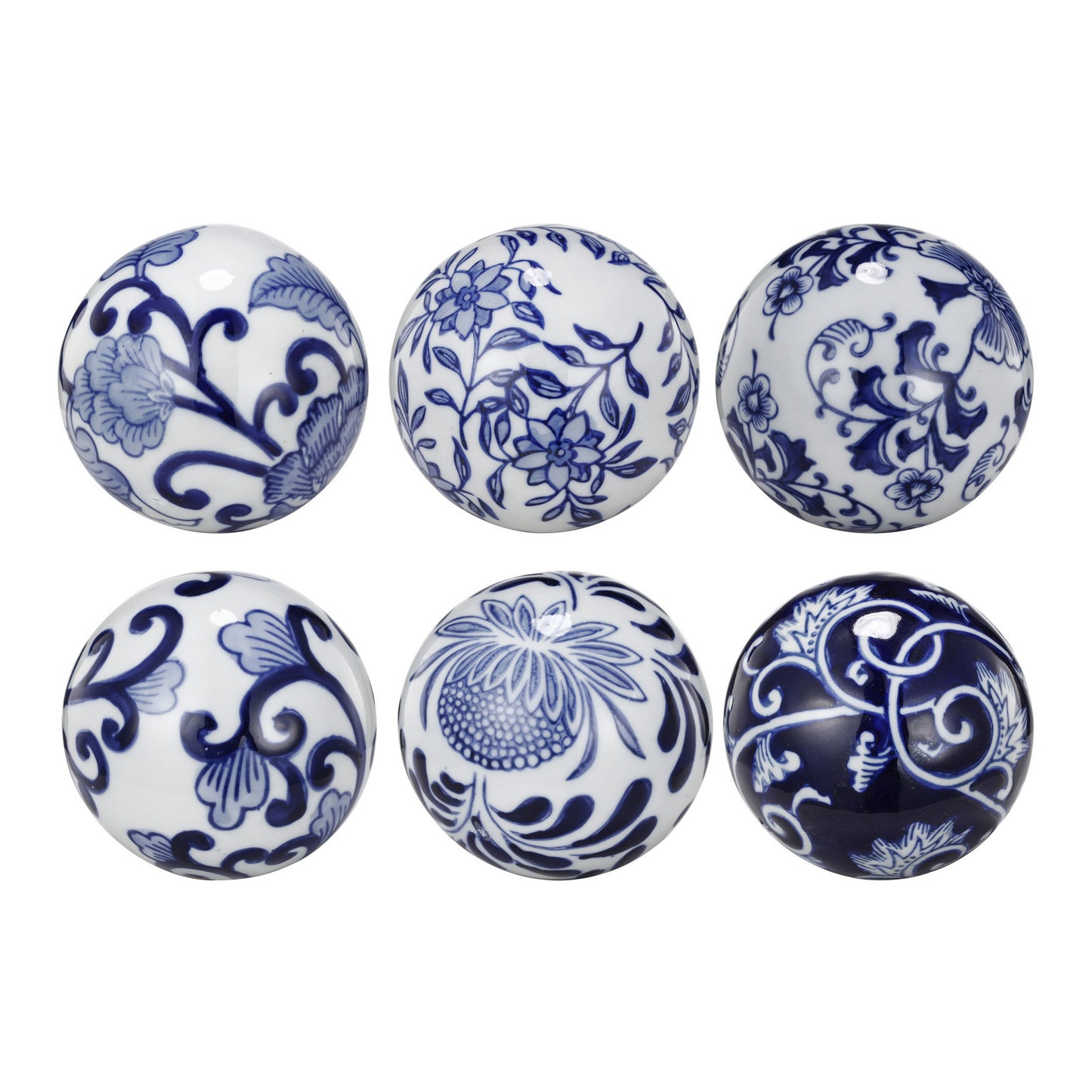 4 Inch Decorative Ball Set Of 6 Orbs Blue And White Printed Porcelain