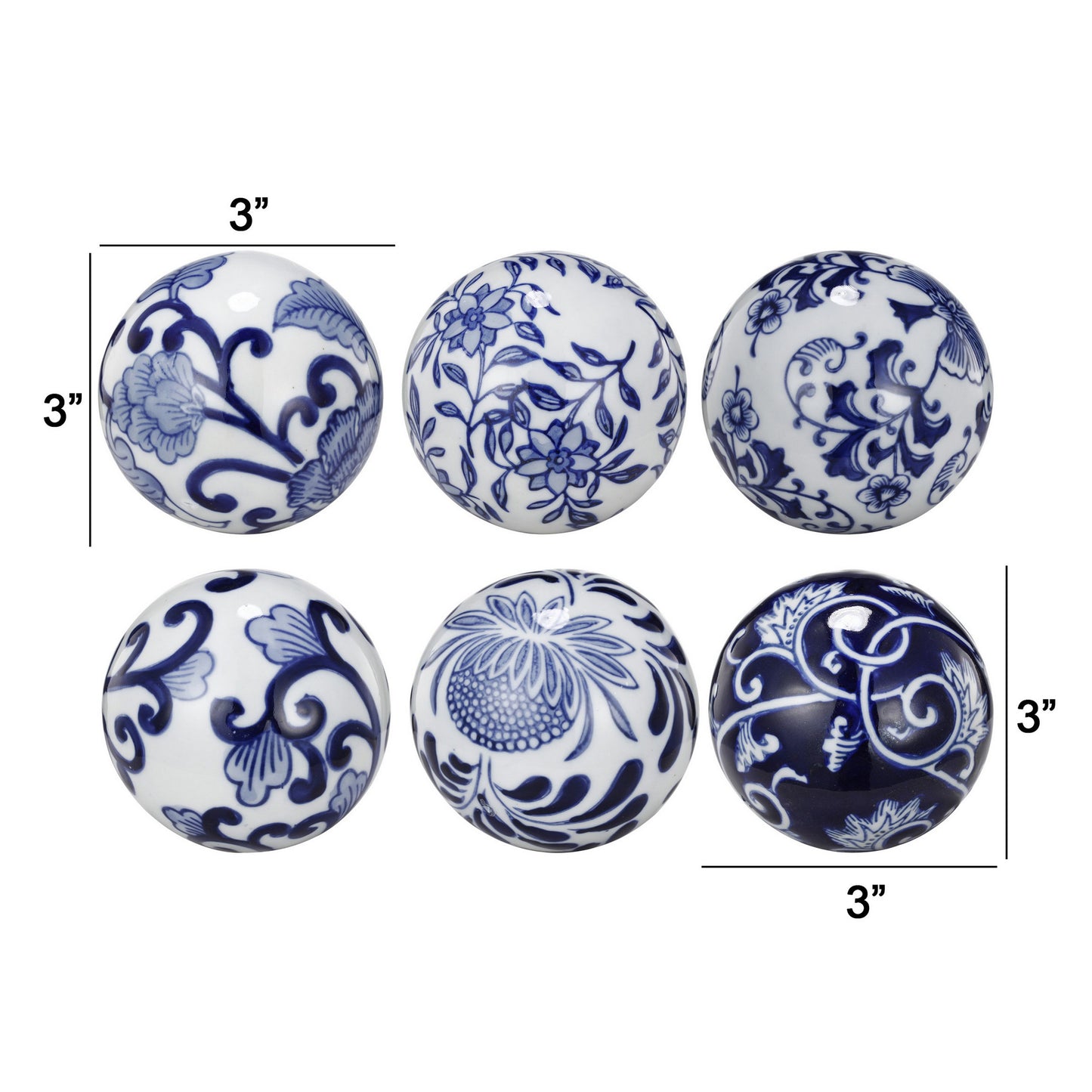 4 Inch Decorative Ball Set Of 6 Orbs Blue And White Printed Porcelain