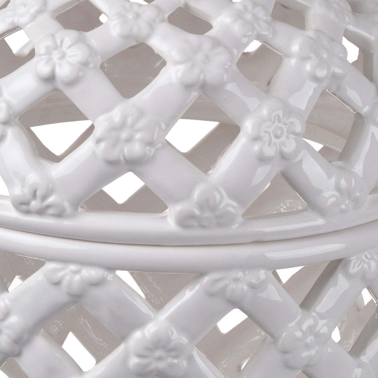 12 Inch Lidded Jar Lattice Design And Decorative Flowers White Ceramic