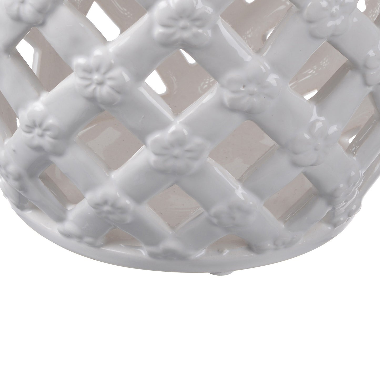 12 Inch Lidded Jar Lattice Design And Decorative Flowers White Ceramic