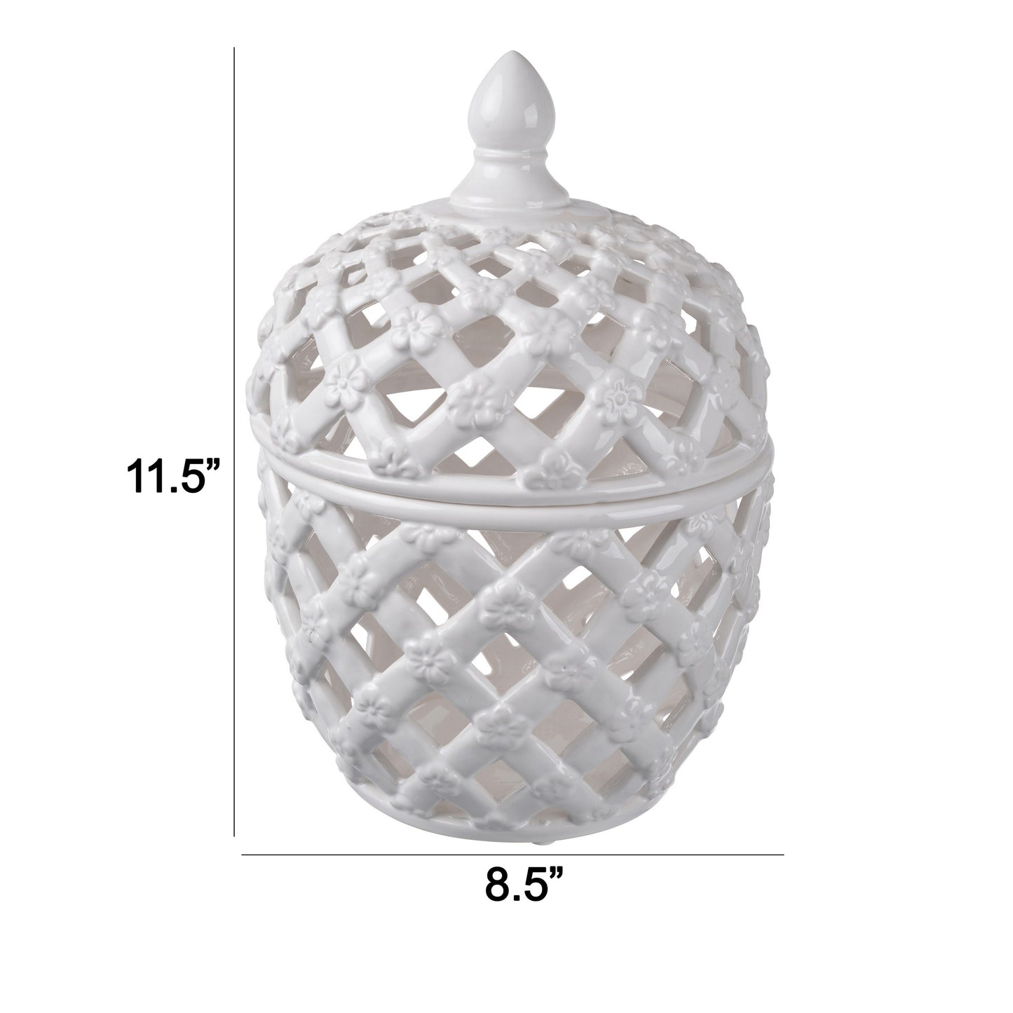 12 Inch Lidded Jar Lattice Design And Decorative Flowers White Ceramic