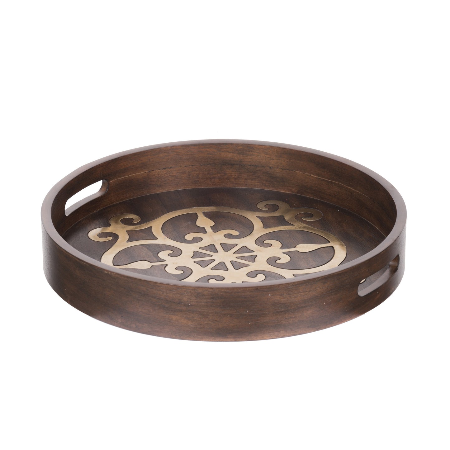 18 Inch Round Decorative Tray Brass Inlaid Design And Brown Wood Frame