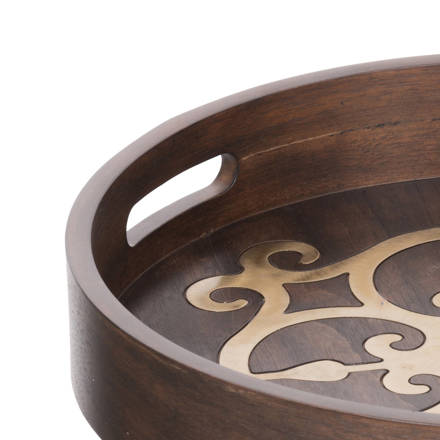 18 Inch Round Decorative Tray Brass Inlaid Design And Brown Wood Frame
