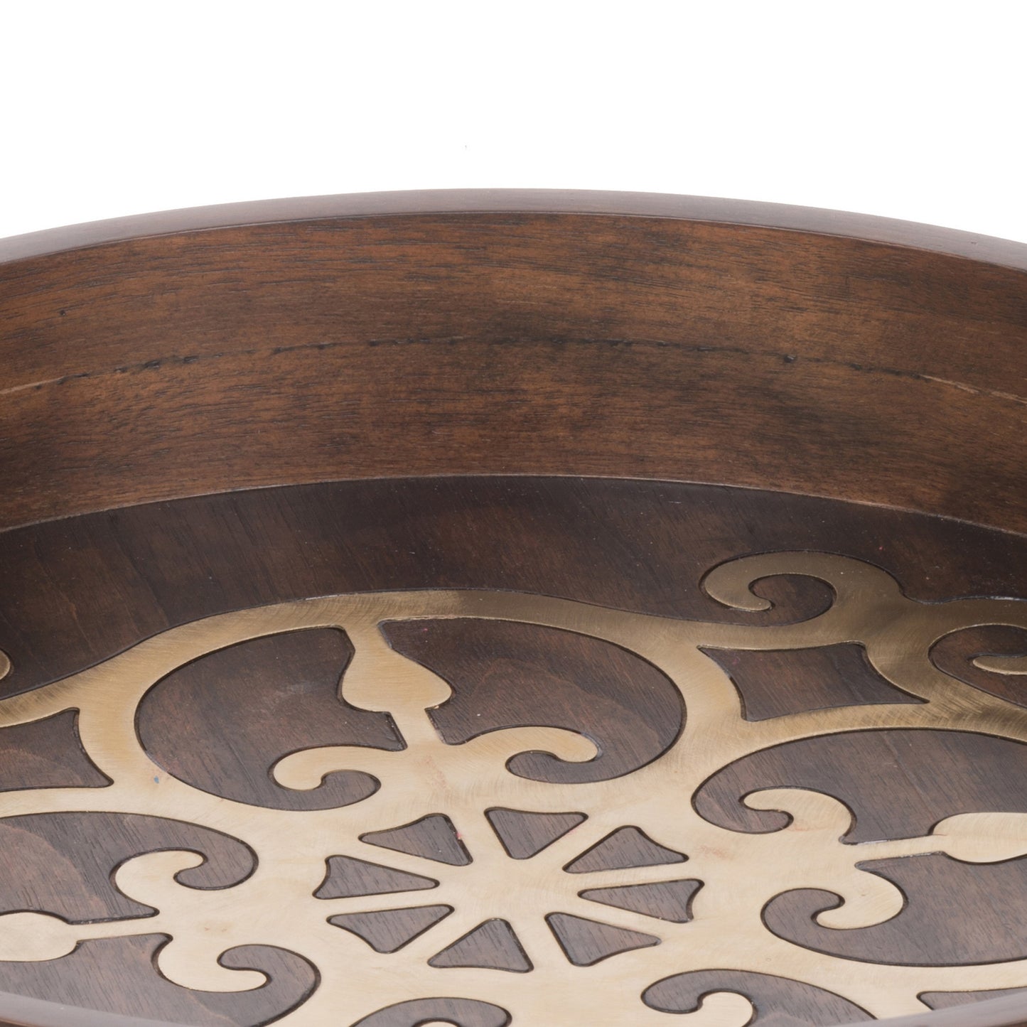 18 Inch Round Decorative Tray Brass Inlaid Design And Brown Wood Frame
