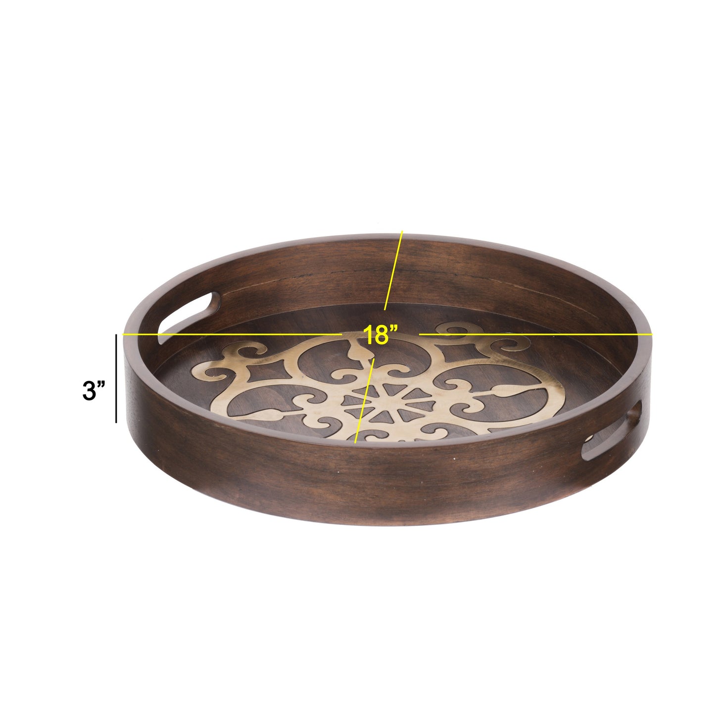 18 Inch Round Decorative Tray Brass Inlaid Design And Brown Wood Frame
