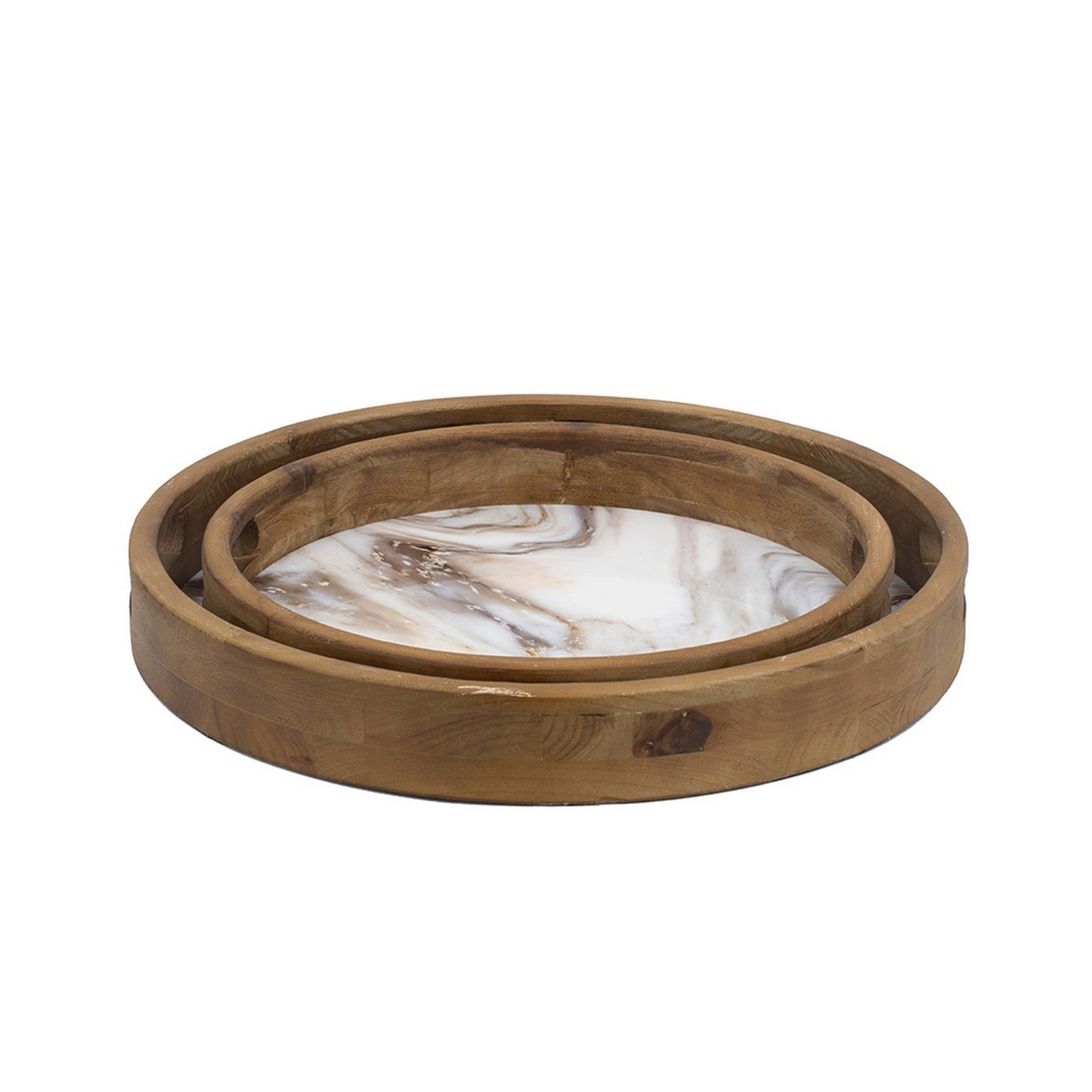 18 15 Inch Round Decorative Tray Marble Effect Brown Fir Wood Frame