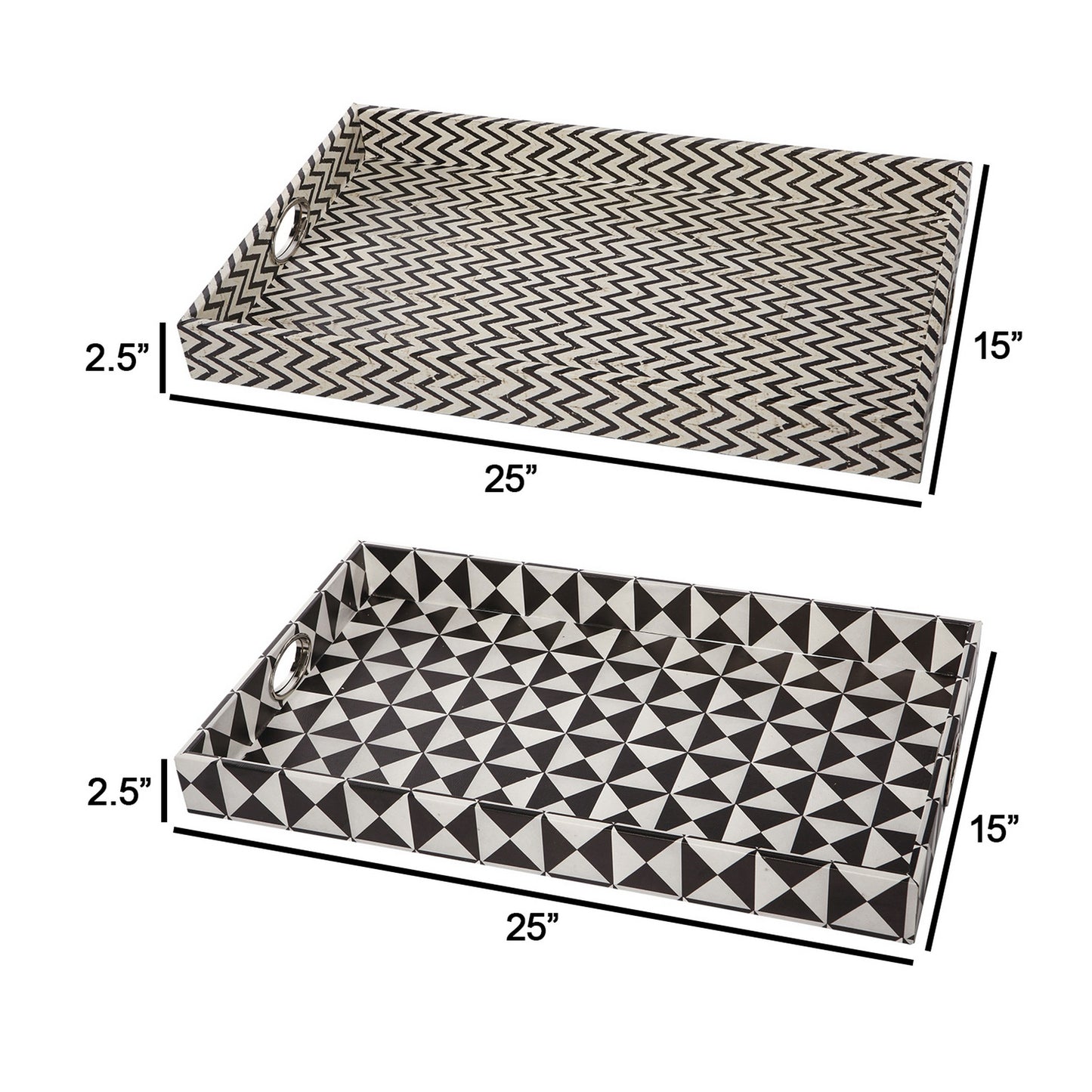 25 Inch Decorative Black White Wood Trays Art Deco Geometric Set Of 2