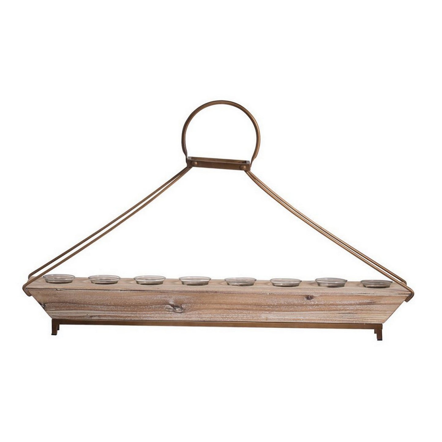 29 Inch Candle Holder Brown Fir Wood Rectangular Tray Bronze Metal Frame