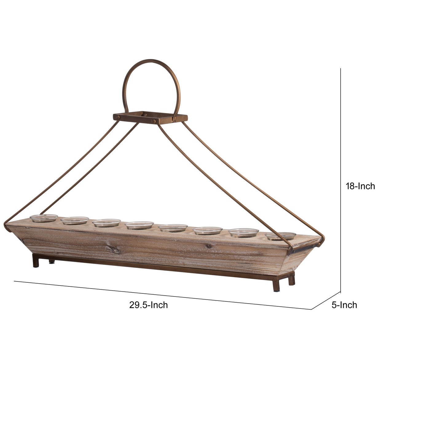 29 Inch Candle Holder Brown Fir Wood Rectangular Tray Bronze Metal Frame