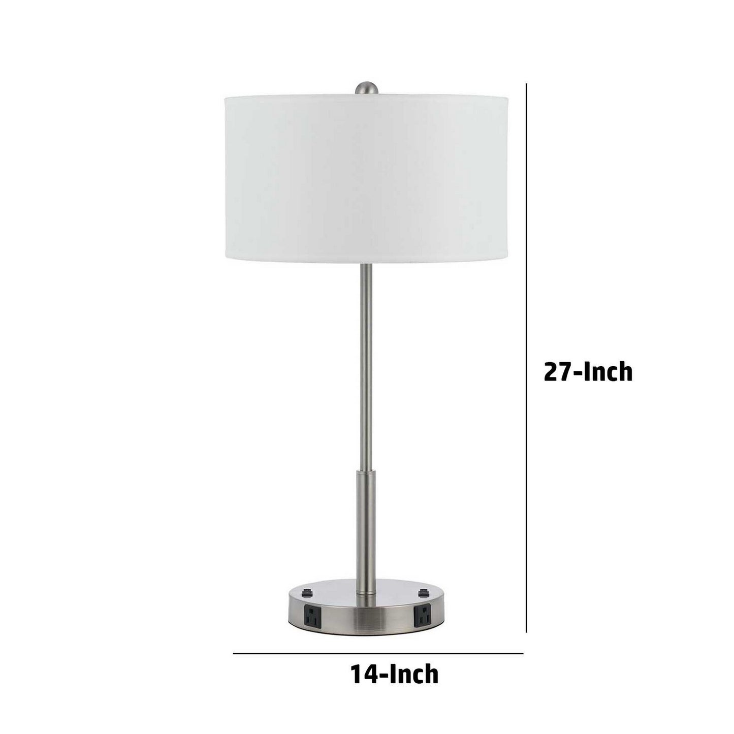27 Inch Modern Table Lamp with Round Drum Shade 2 Outlets White Chrome