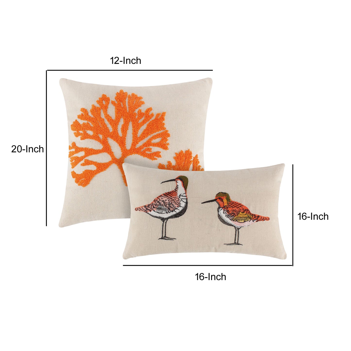 2 Decorative Throw Pillows Shorebird And Coral Design White Polyester
