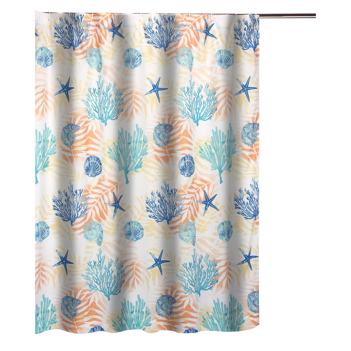 Geo 72 Inch Shower Curtain White Blue Polyester Seashells And Ferns Print