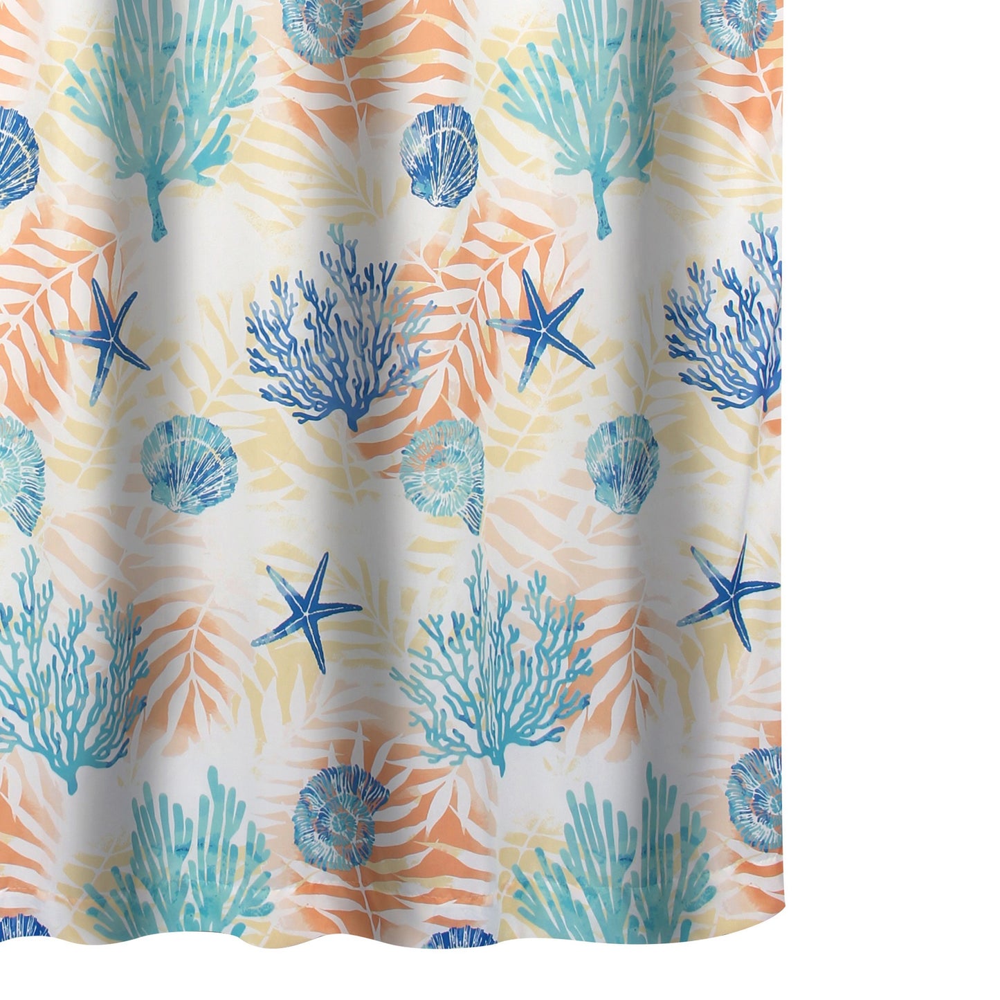 Geo 72 Inch Shower Curtain White Blue Polyester Seashells And Ferns Print