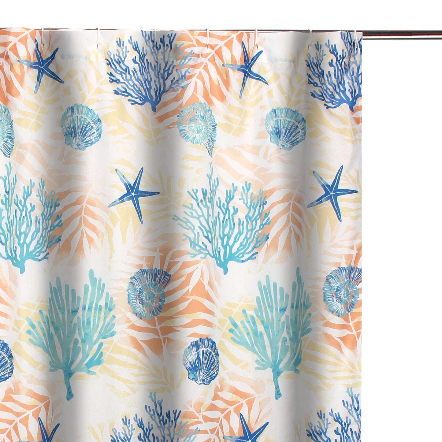 Geo 72 Inch Shower Curtain White Blue Polyester Seashells And Ferns Print