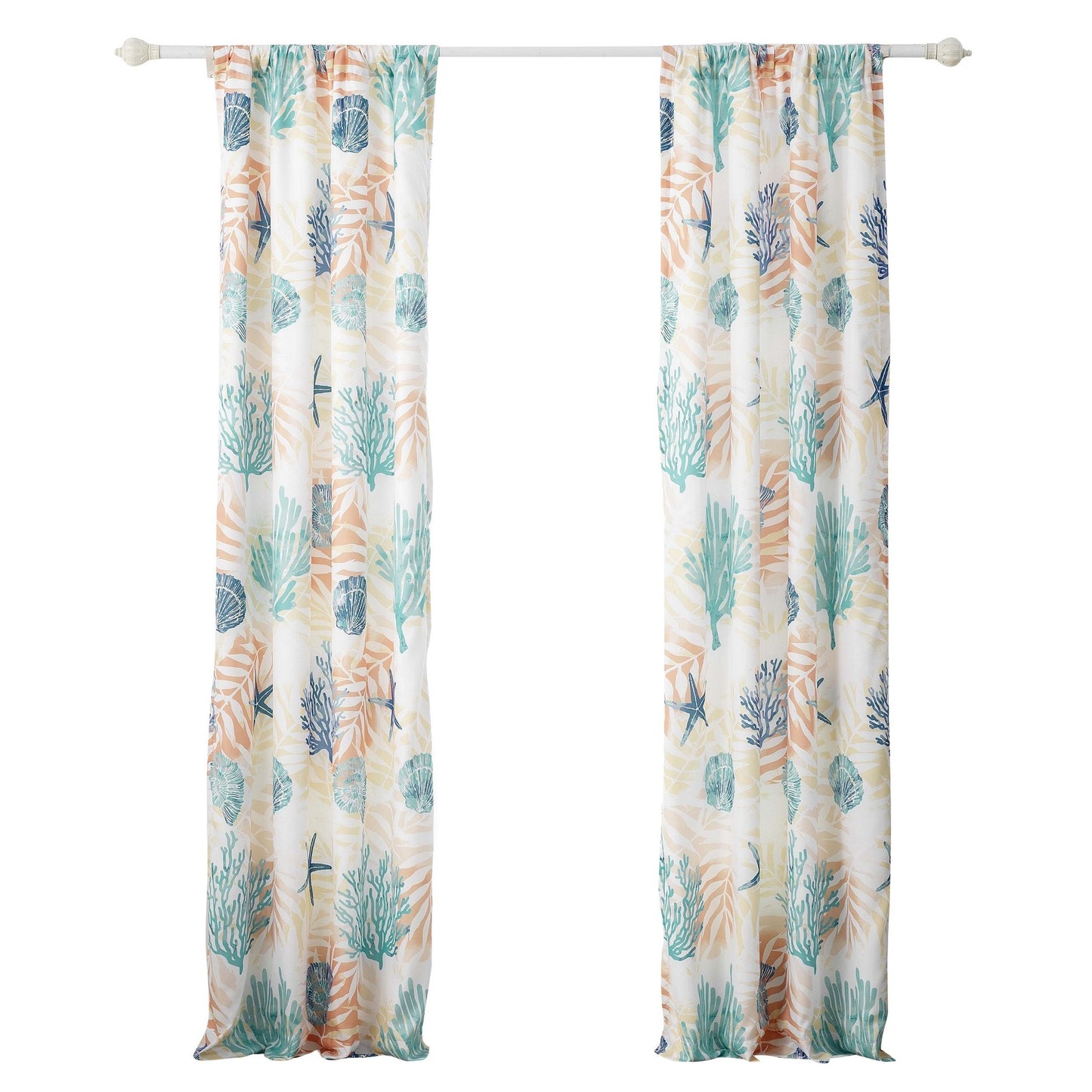 Geo 84 Inch Window Curtains White Blue Polyester Seashells Ferns Print