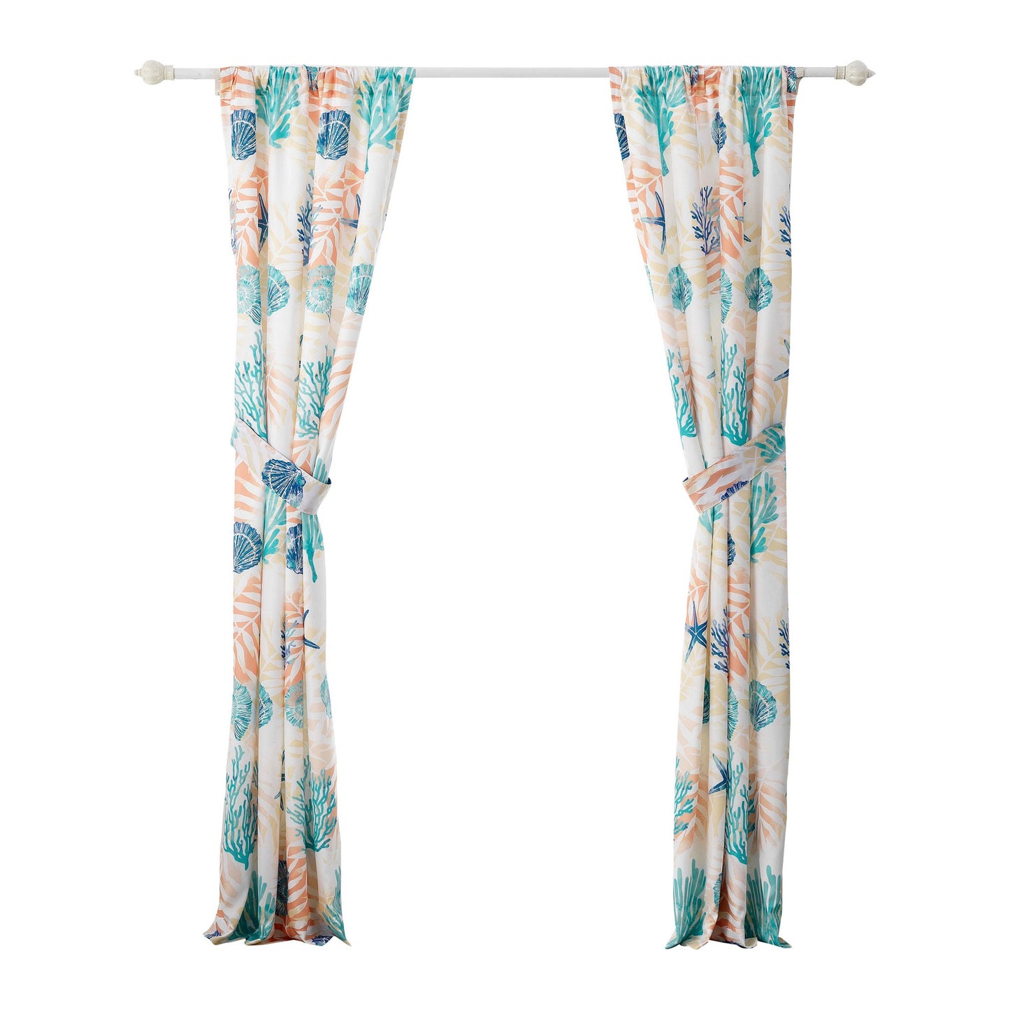 Geo 84 Inch Window Curtains White Blue Polyester Seashells Ferns Print