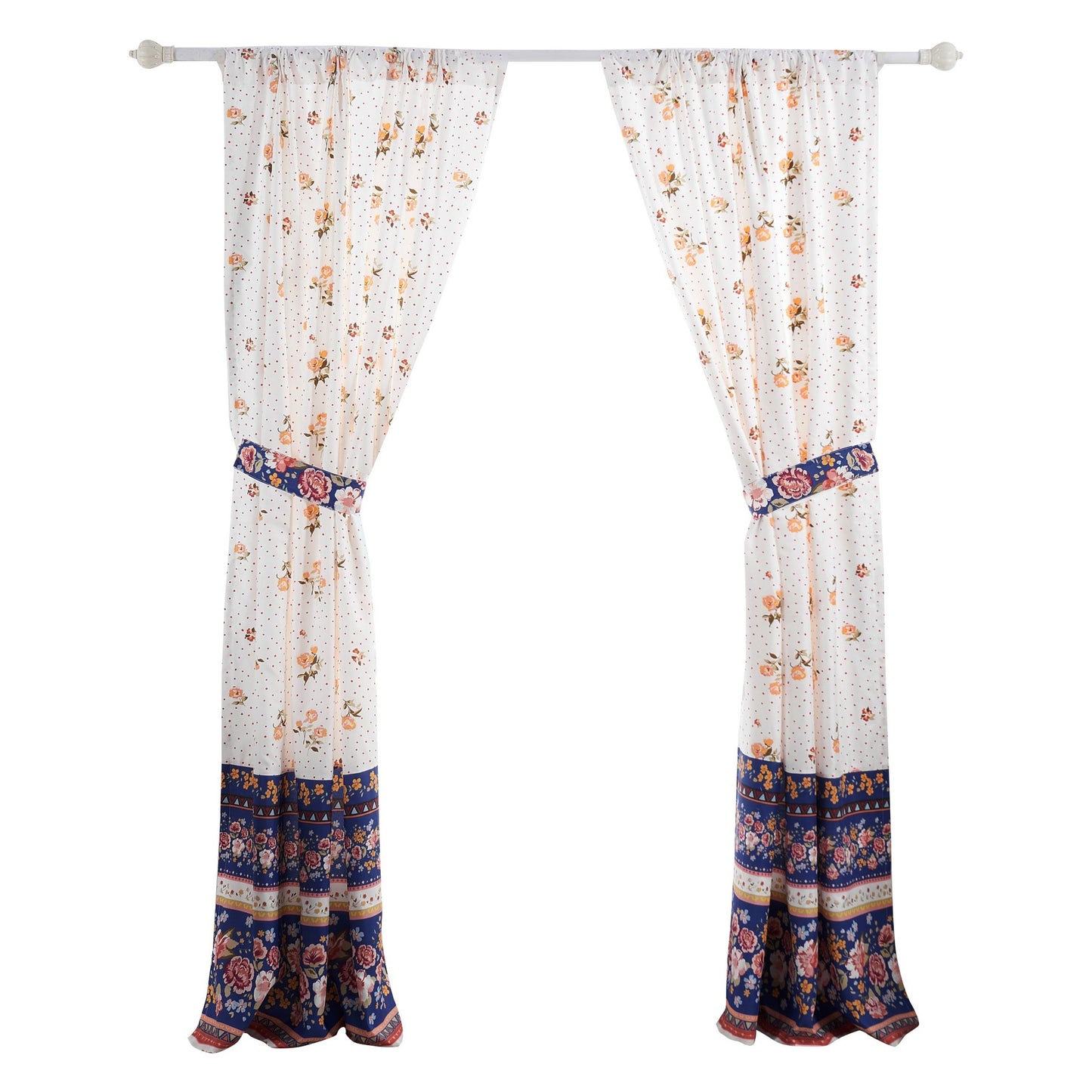 Pico 84 Inch Window Curtains Polka Dots And Flowers White Blue Microfiber