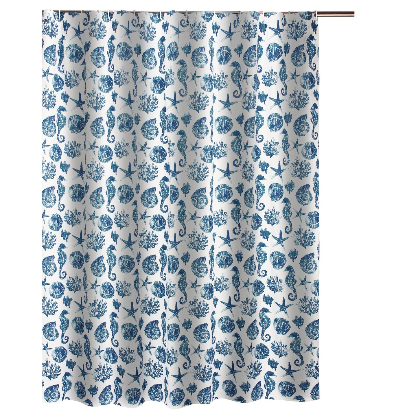 Riga 72 Inch Shower Curtain Blue Seashells Print Button Holes Microfiber