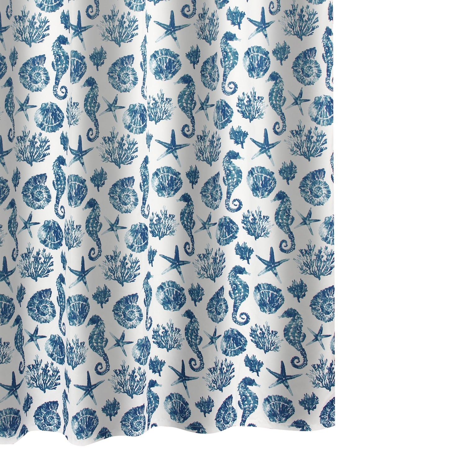 Riga 72 Inch Shower Curtain Blue Seashells Print Button Holes Microfiber