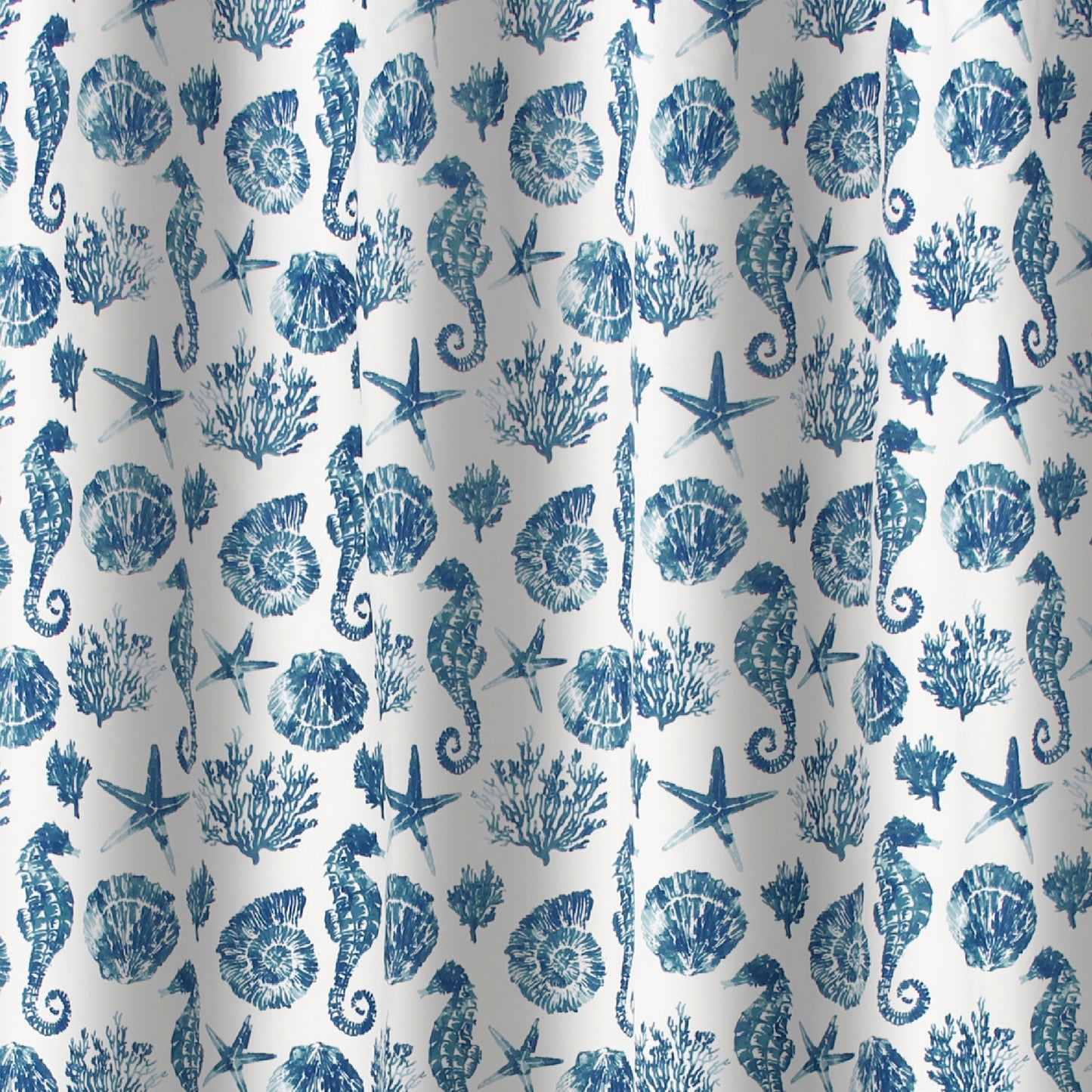 Riga 72 Inch Shower Curtain Blue Seashells Print Button Holes Microfiber