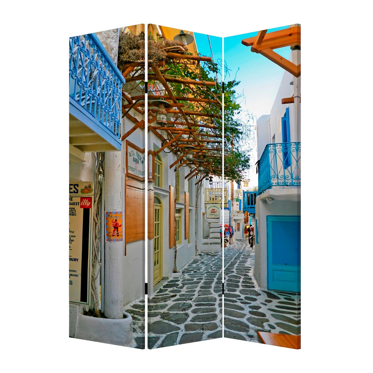 71 Inch Folding Screen Room Divider, Two Sided Grecian Skyline Design