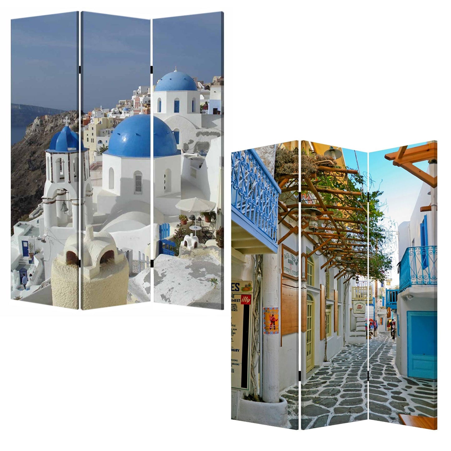 71 Inch Folding Screen Room Divider, Two Sided Grecian Skyline Design