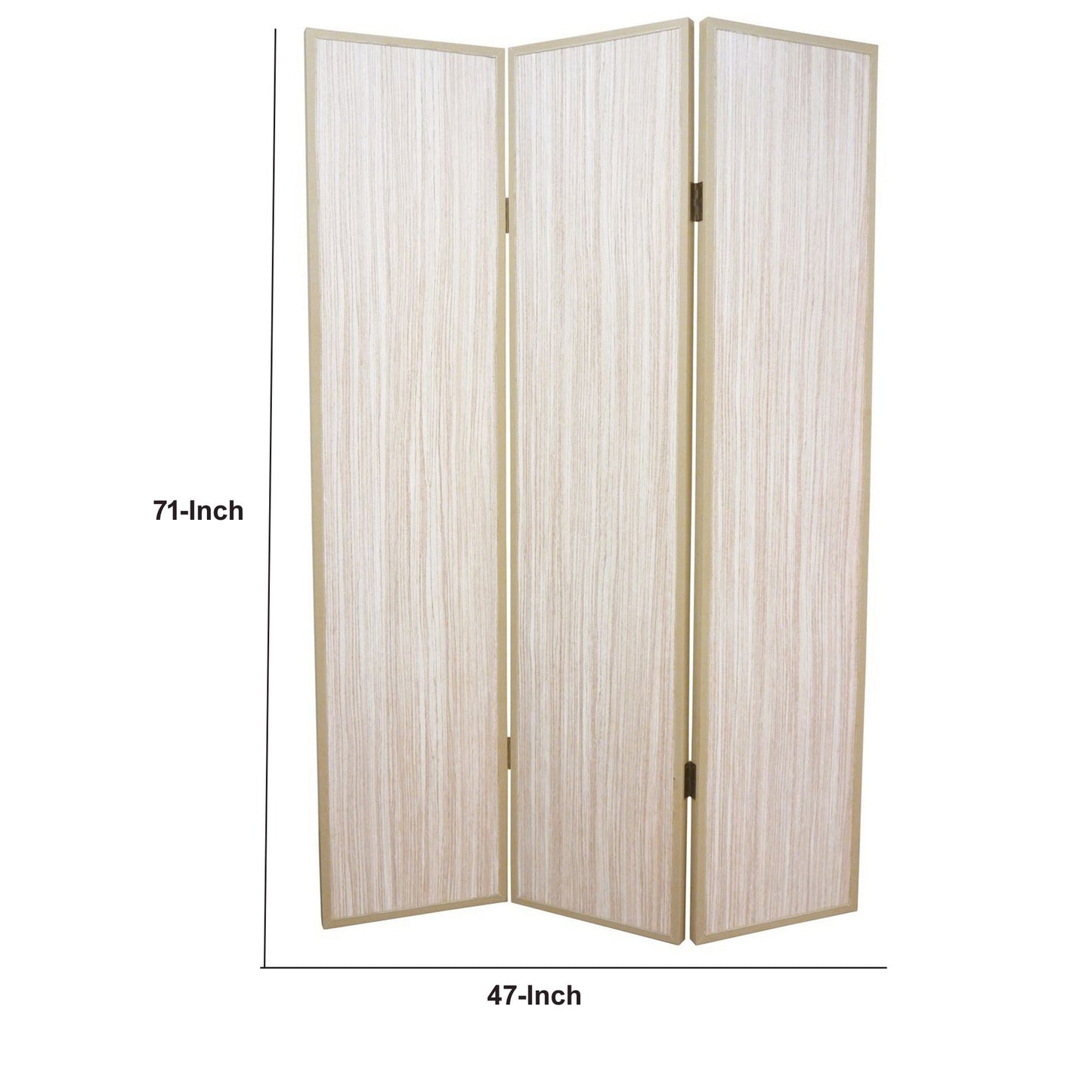 71 Inch Folding Screen Room Divider, 3 Textured Panels, Gray Leather Trim