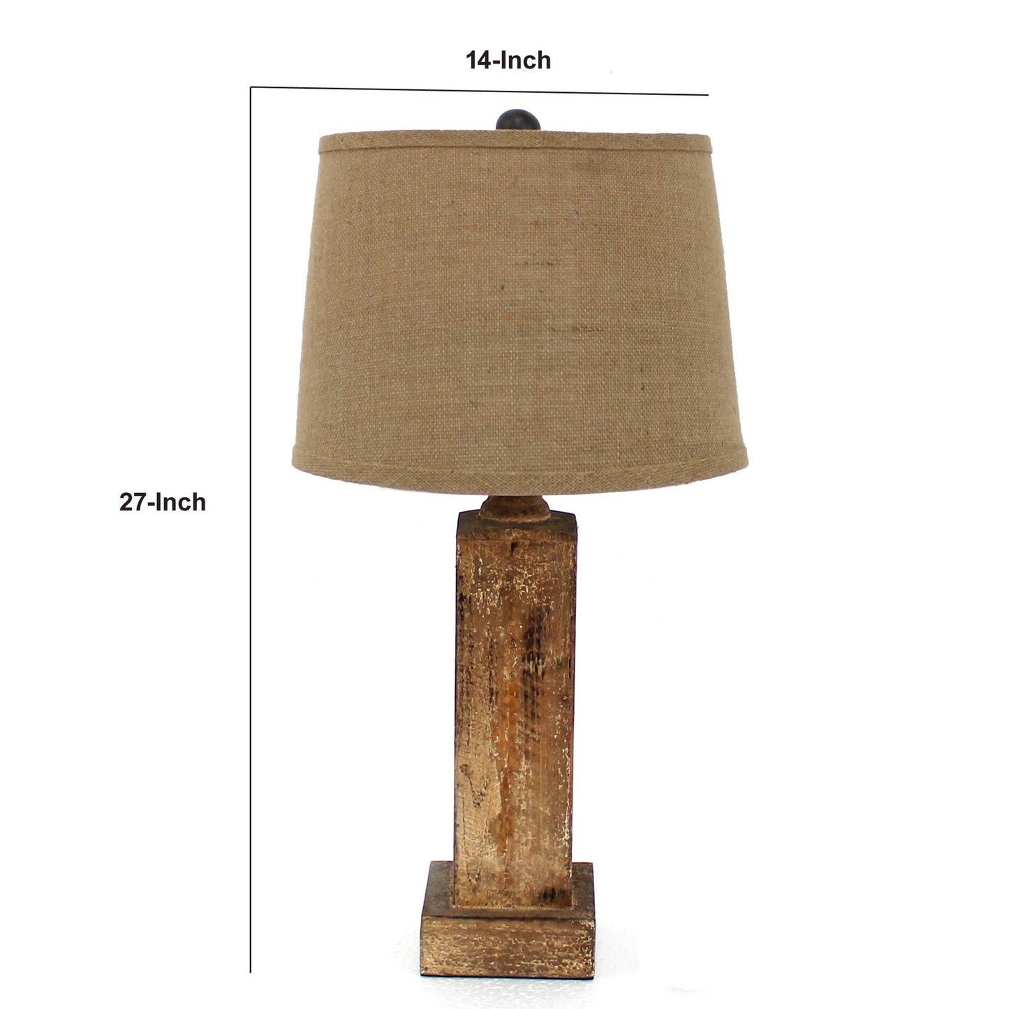 27 Inch Rustic Table Lamp Round Linen Shade Distressed Wood Base Khaki
