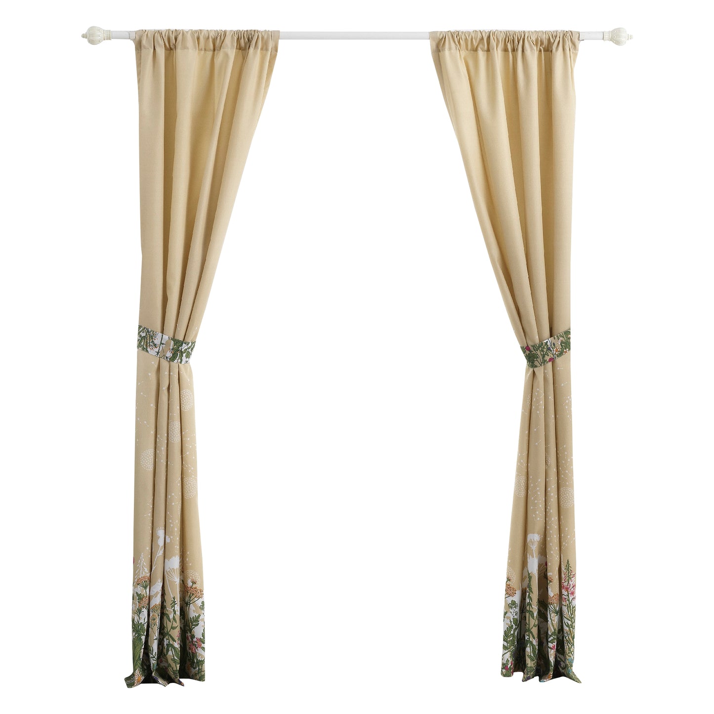 84 Inch Window Curtains Beige Microfiber Fabric Wildflower Print Design