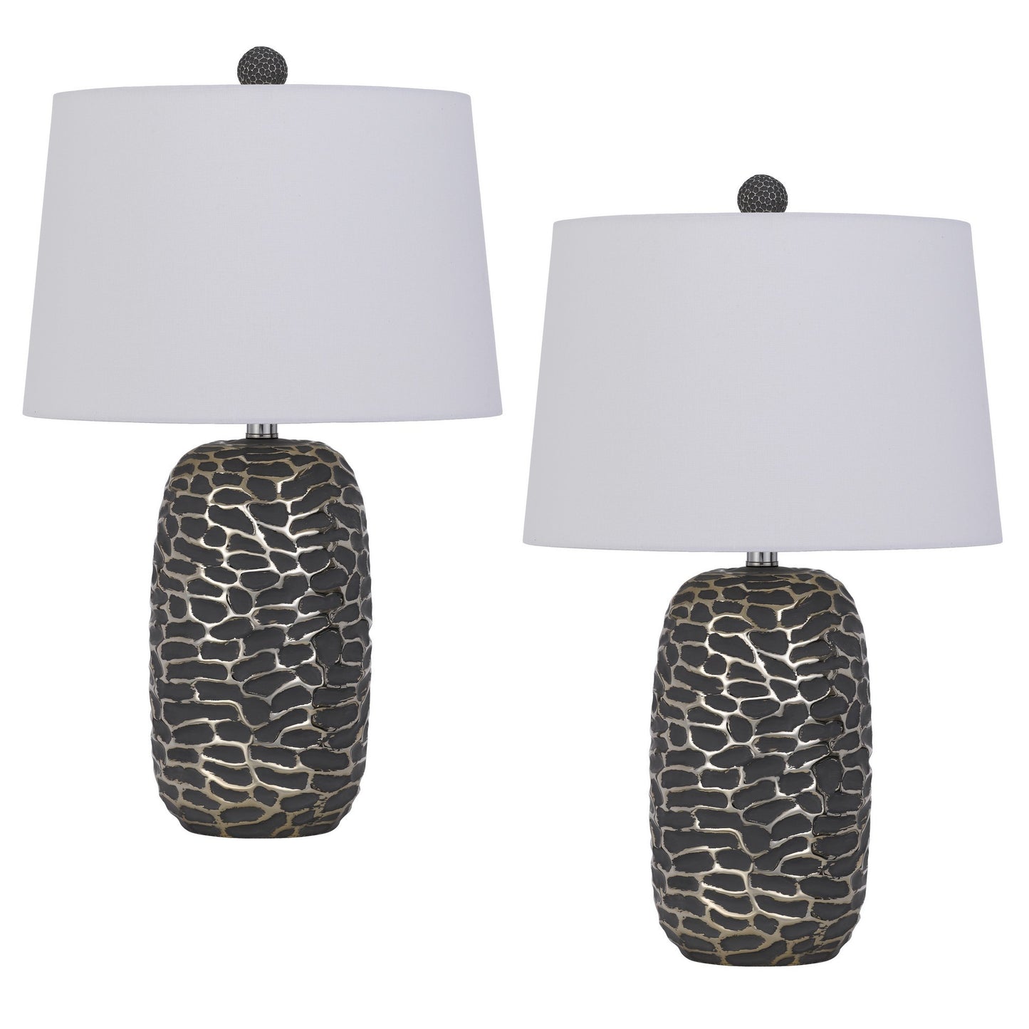 25 Inch Oval Table Lamp Set of 2 White Fabric Drum Shade Black Silver