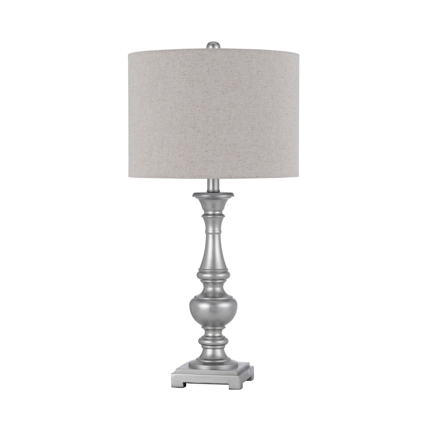 28 Inch Table Lamp Set of 2 Beige Fabric Shade Silver Carved Frame