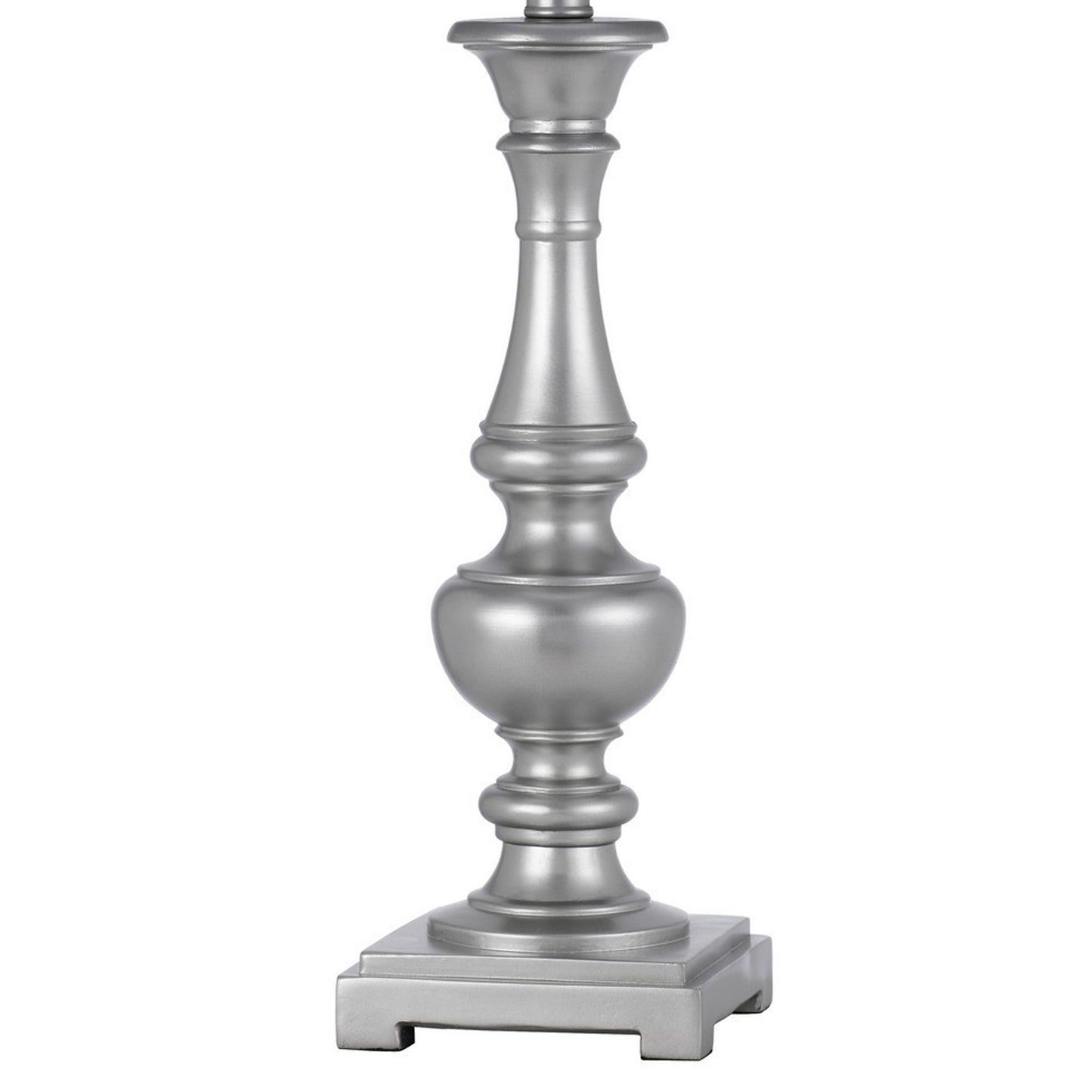 28 Inch Table Lamp Set of 2 Beige Fabric Shade Silver Carved Frame