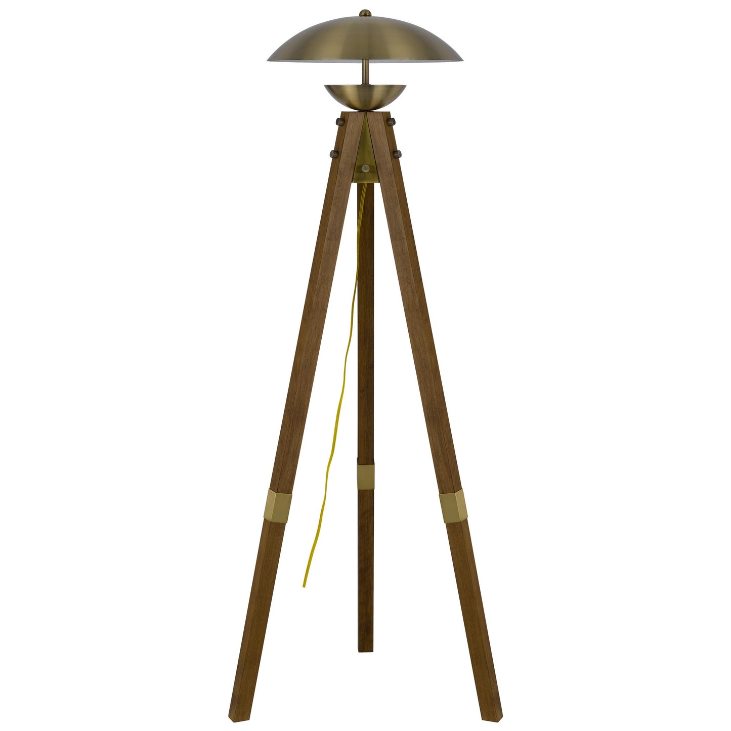 55 Inch Wood Tripod Floor Lamp Half Domed Metal Shade Antique Brass