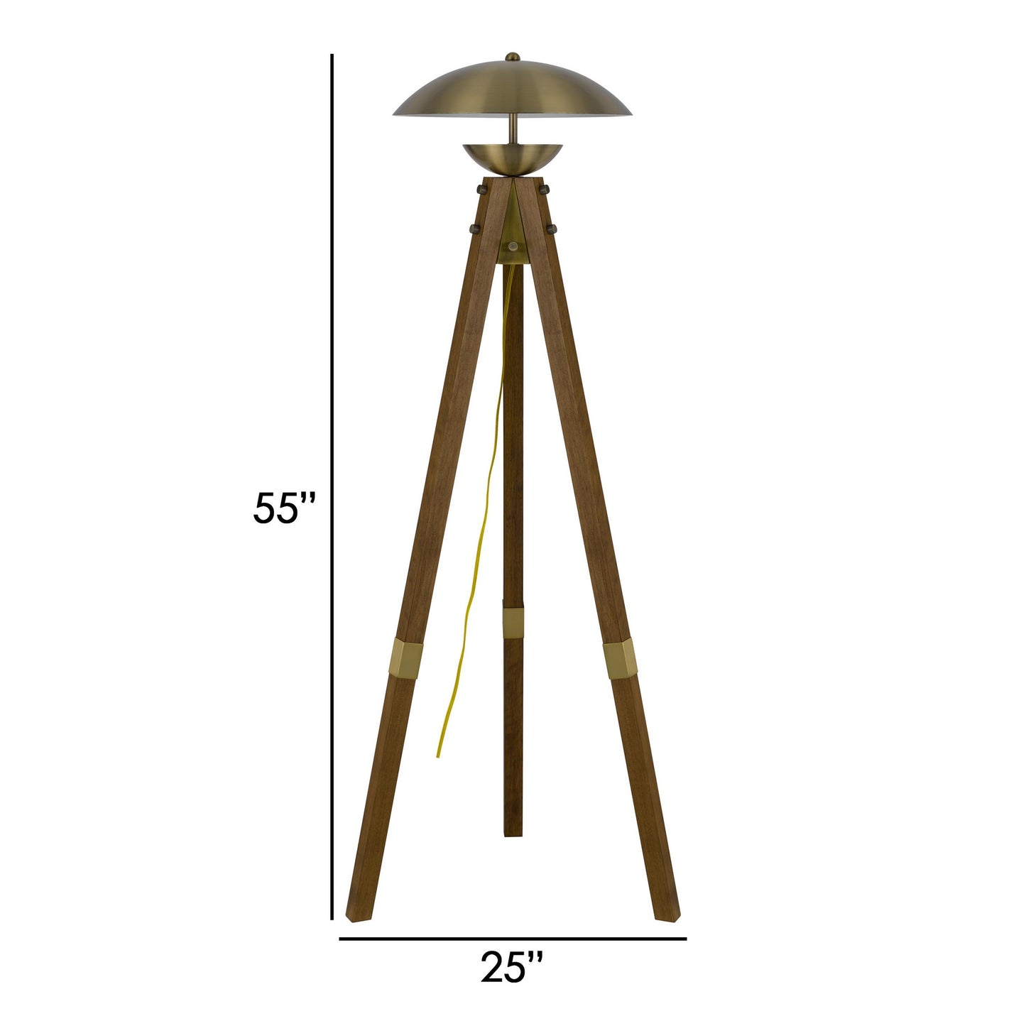 55 Inch Wood Tripod Floor Lamp Half Domed Metal Shade Antique Brass