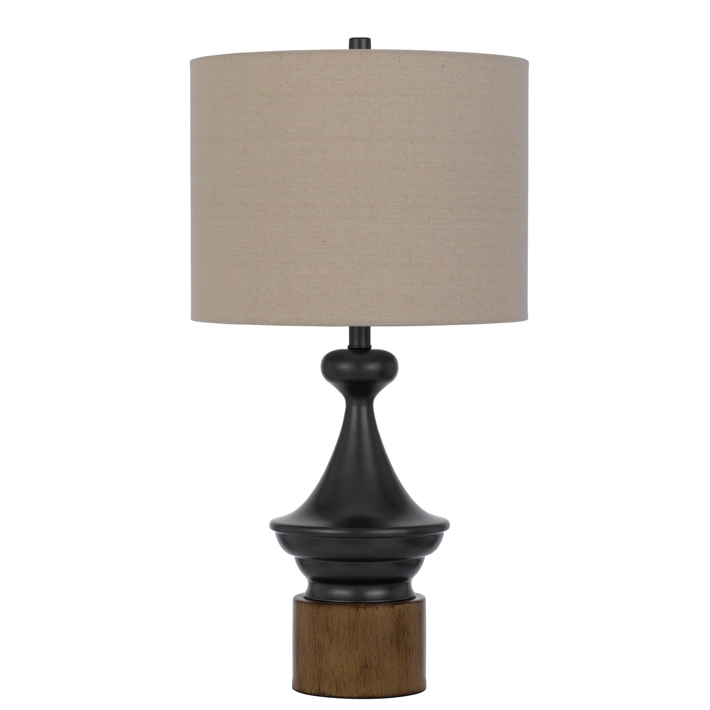 30 Inch 3 Way Rubberwood Table Lamp Beige Fabric Shade Black Metal Body