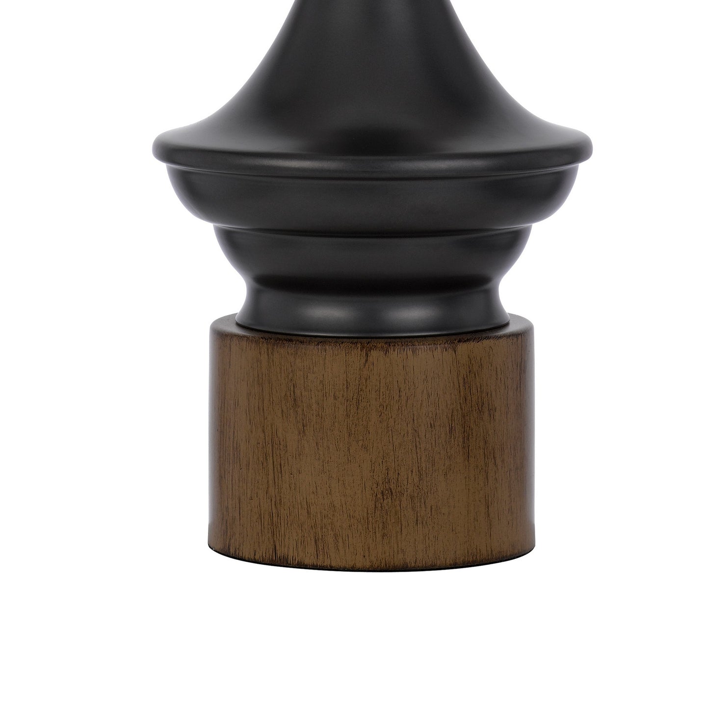 30 Inch 3 Way Rubberwood Table Lamp Beige Fabric Shade Black Metal Body