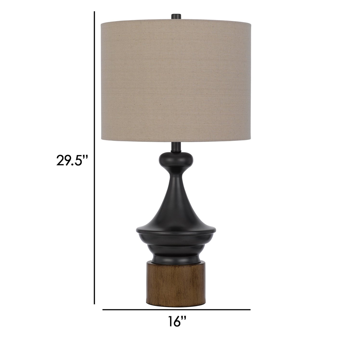 30 Inch 3 Way Rubberwood Table Lamp Beige Fabric Shade Black Metal Body