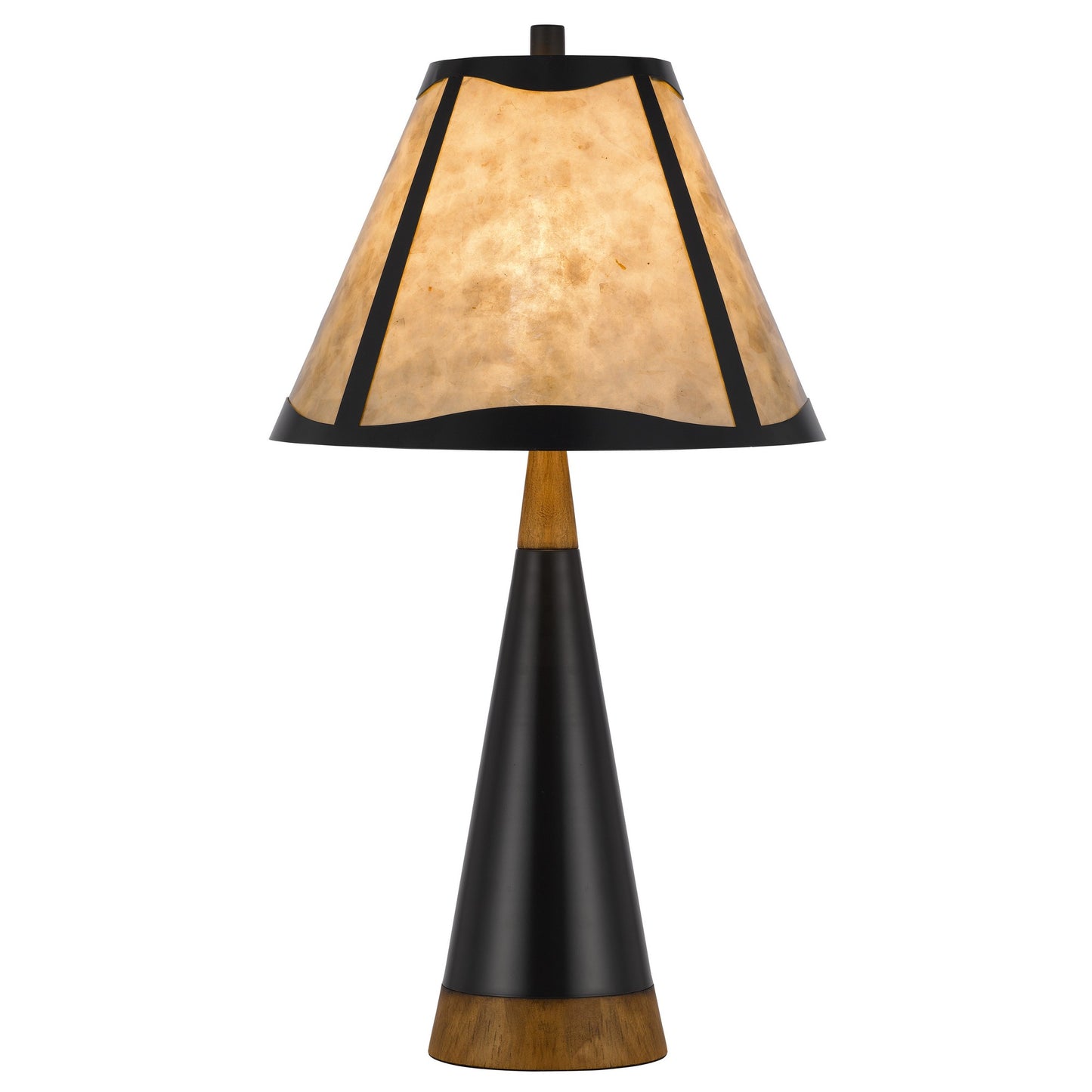 30 Inch 3 Way Table Lamp Beige Mica Shade Rubberwood and Black Metal Body