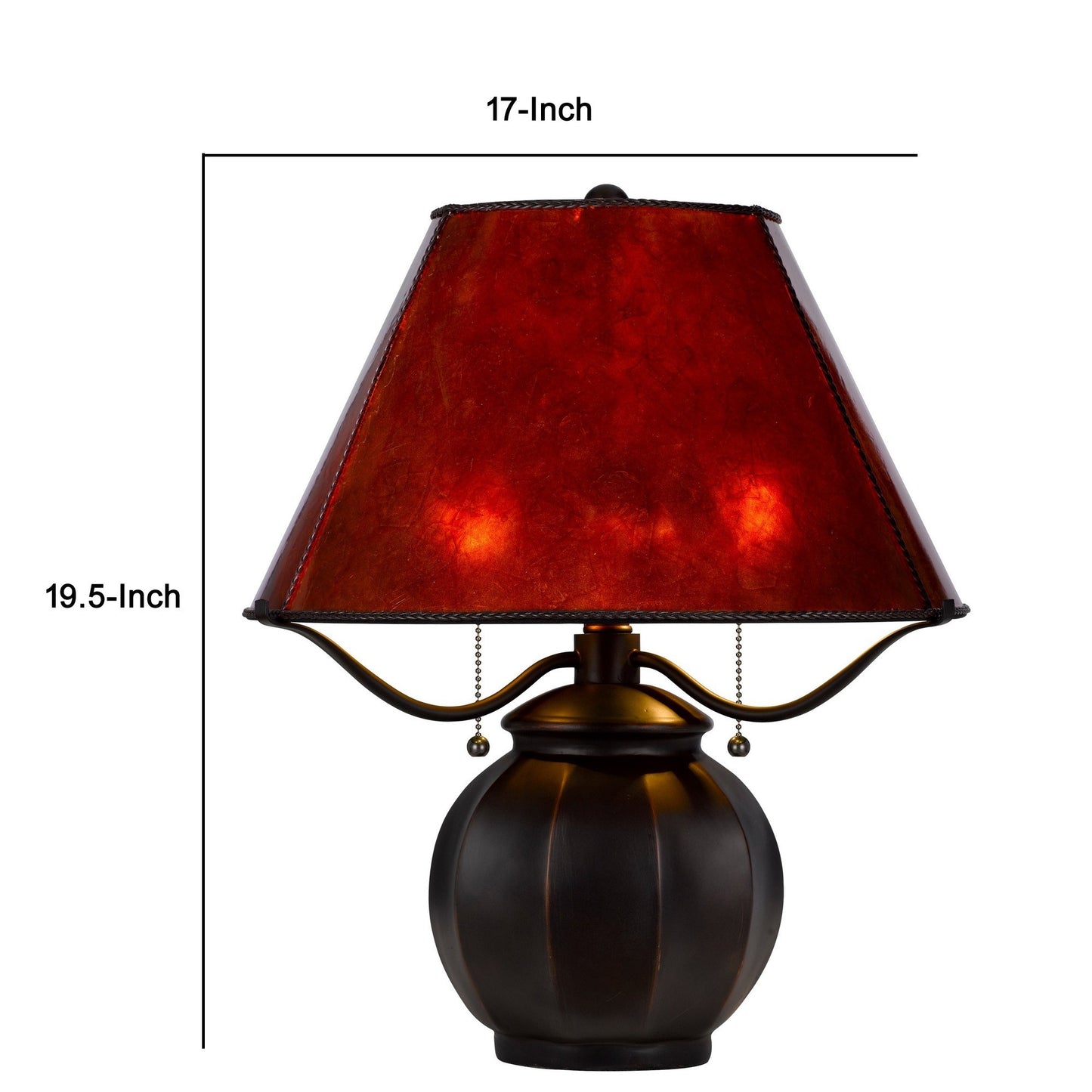 20 Inch Table Lamp Vintage Red Amber Mica Shade Upturned Arms Round Body