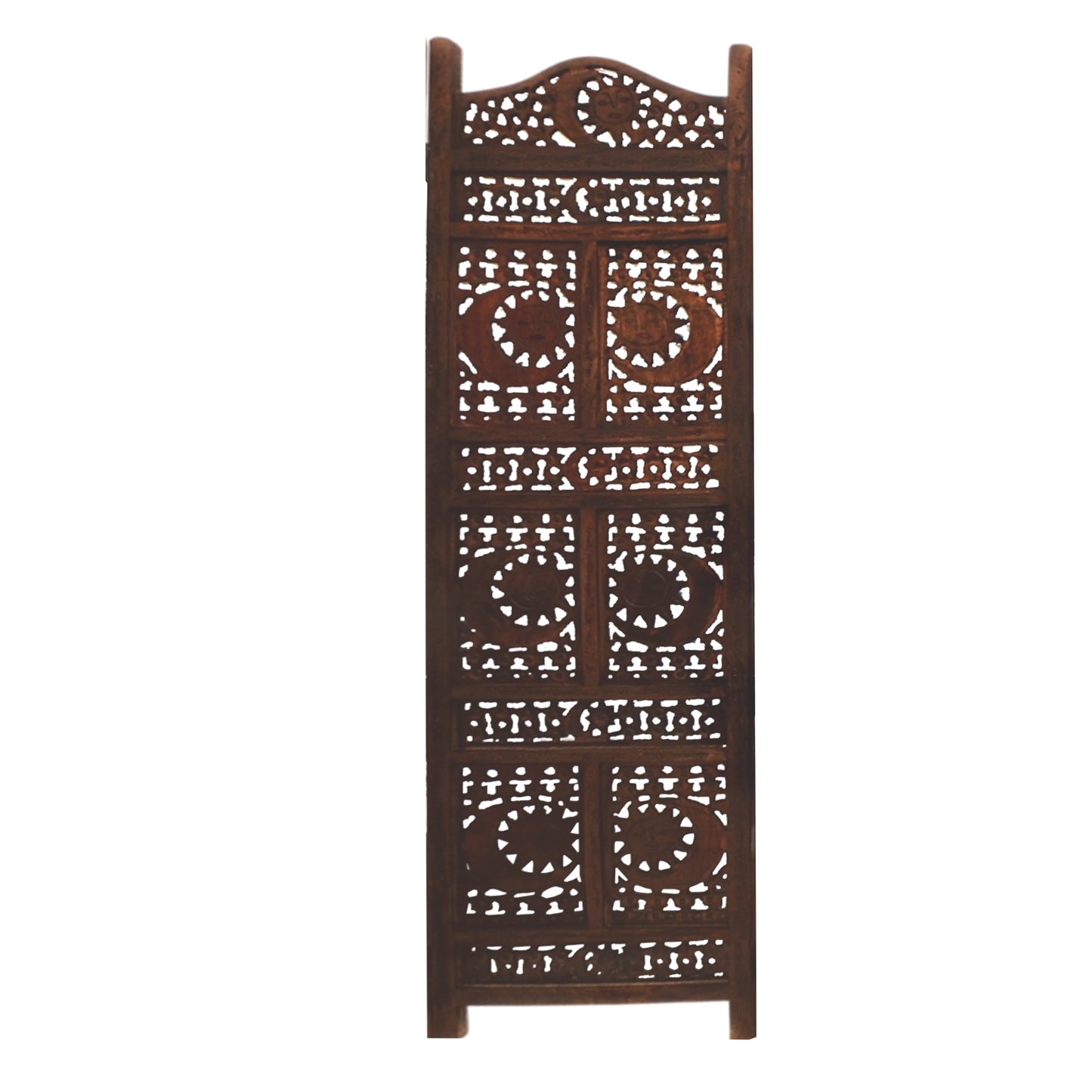 71 Inch 4 Panel Mango Wood Room Divider, Hand Carved, Sun & Moon Design, Brown