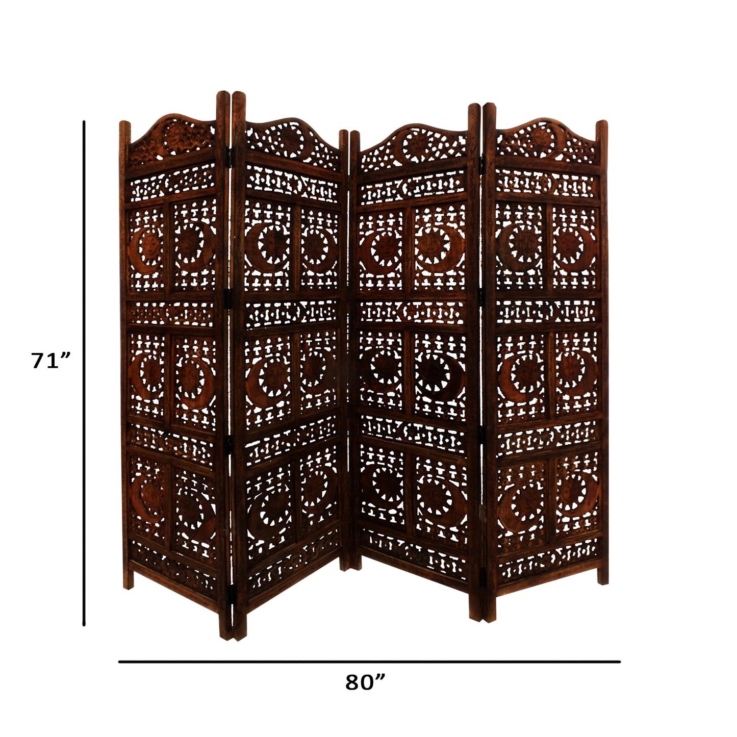 71 Inch 4 Panel Mango Wood Room Divider, Hand Carved, Sun & Moon Design, Brown