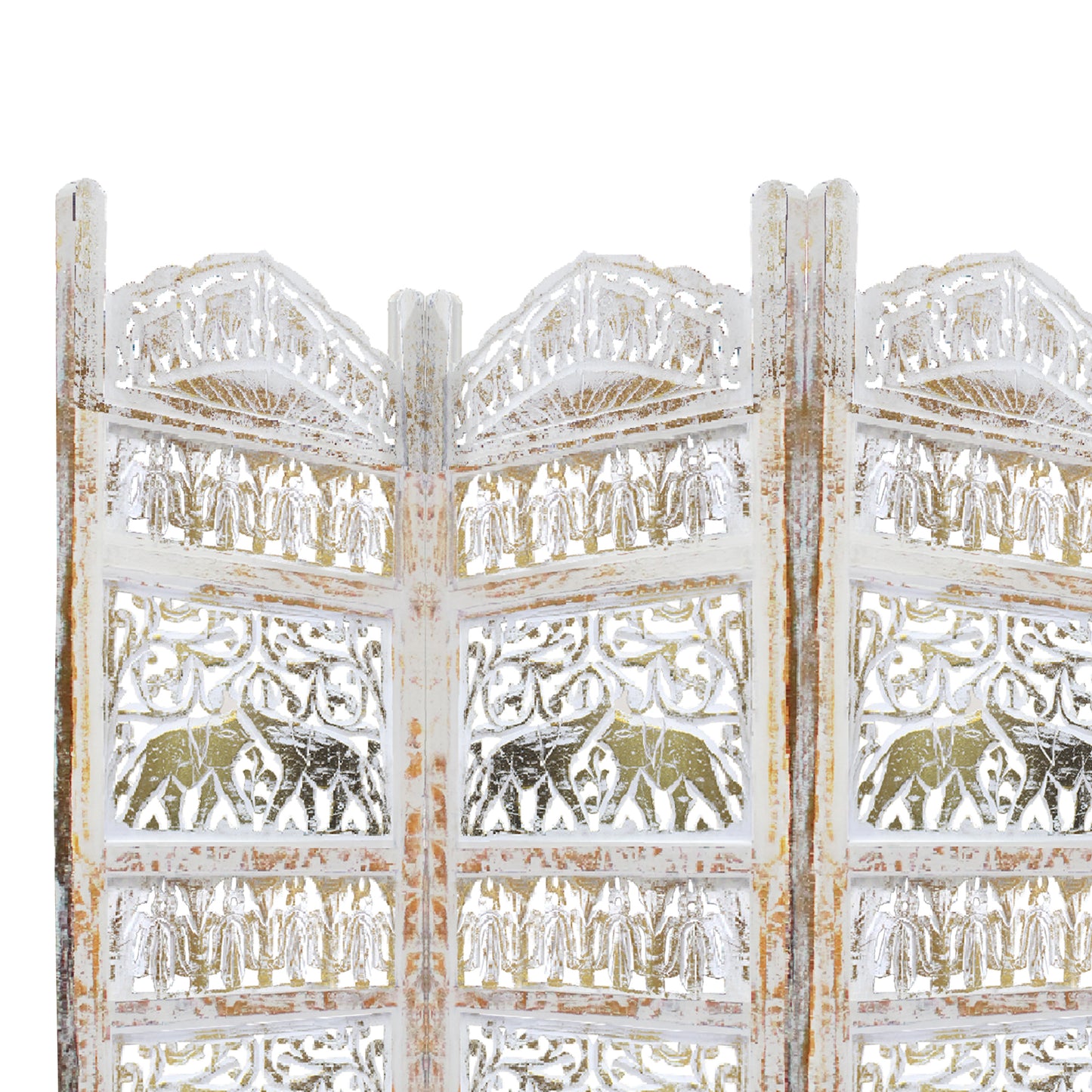 Classic 4 Panel Mango Wood Room Divider with Elephant Carvings, Gold and White
