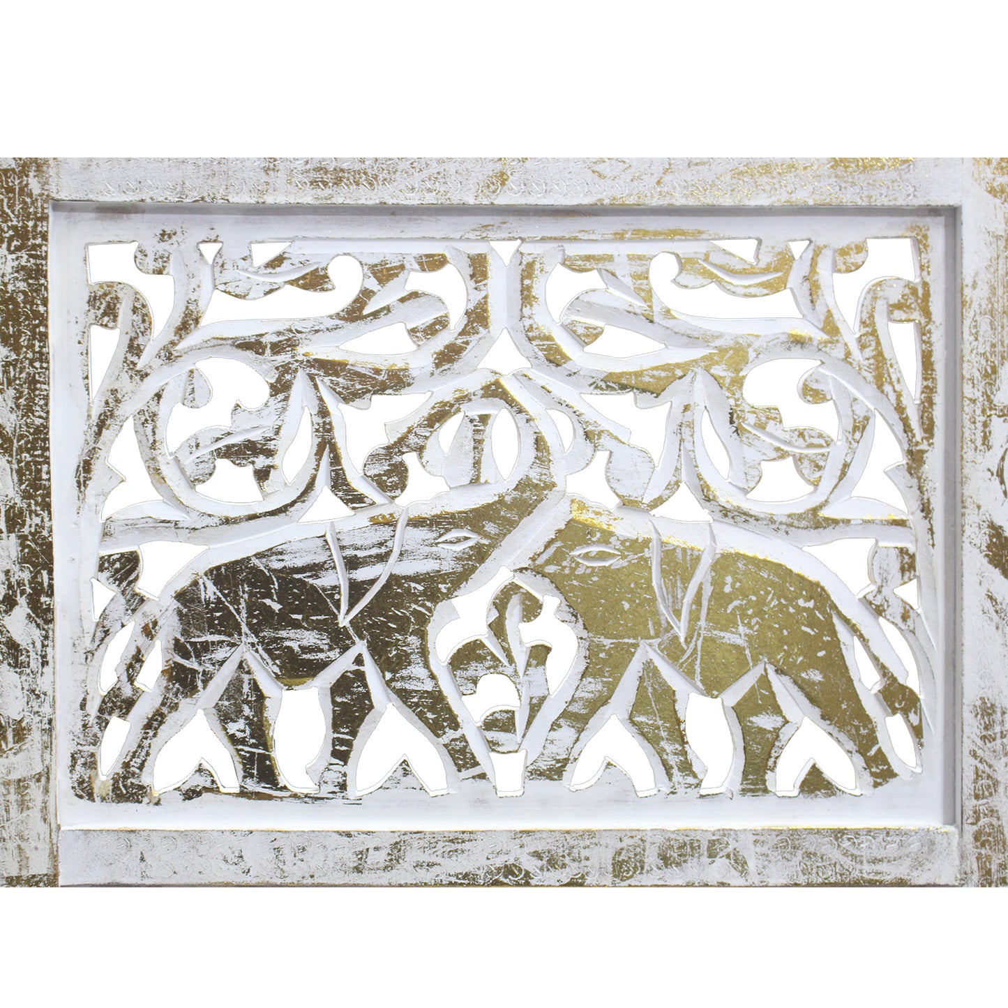 Classic 4 Panel Mango Wood Room Divider with Elephant Carvings, Gold and White
